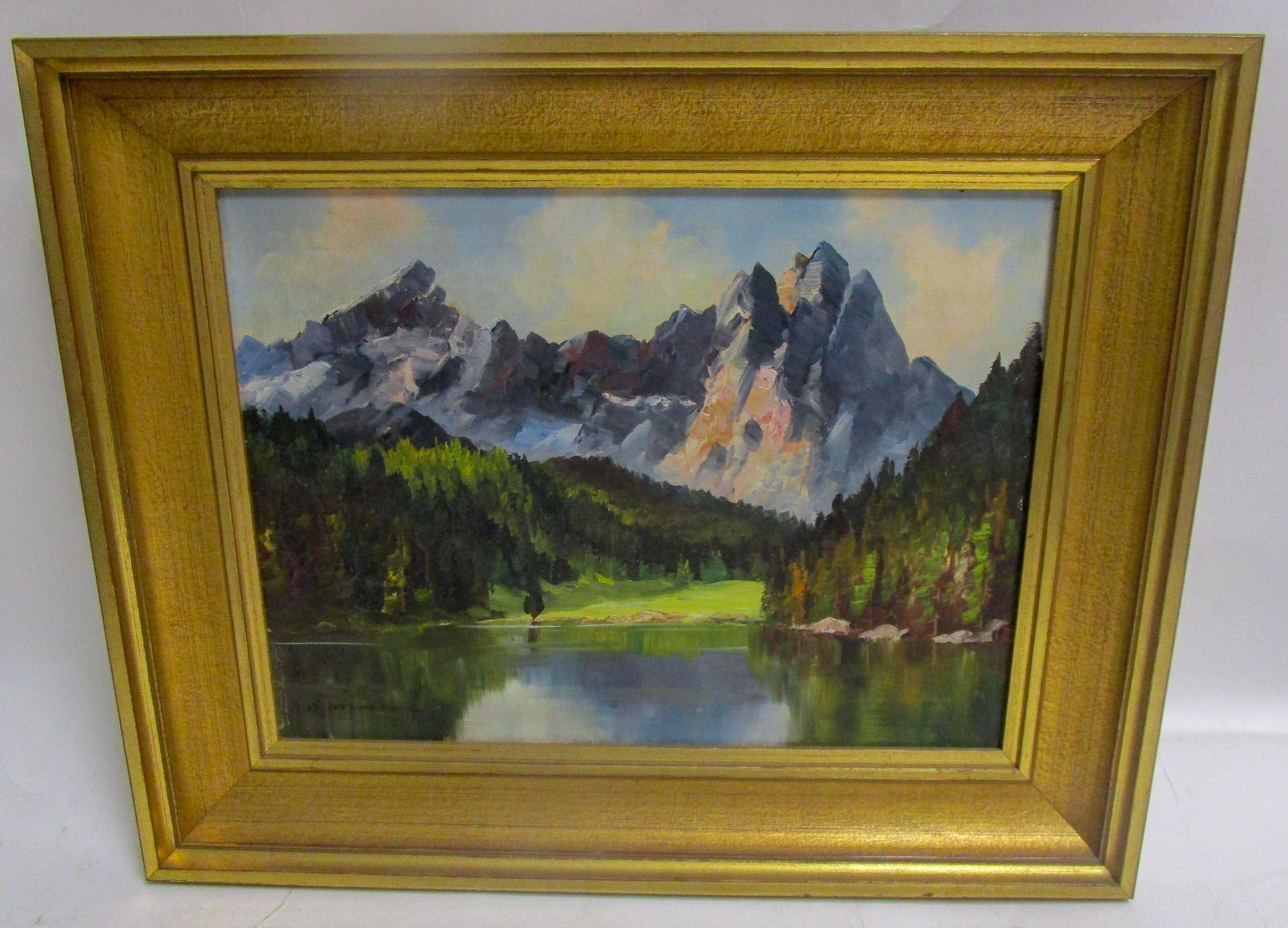 This tranquil fine landscape oil painting depicts a quaint lake nestled in the Swiss Alps (Seealpsee). Artist signed but it is not legible. Features include nice detail and lovely color. Framed in vintage gilt frame. Handsome 2.50 inch gold giltwood