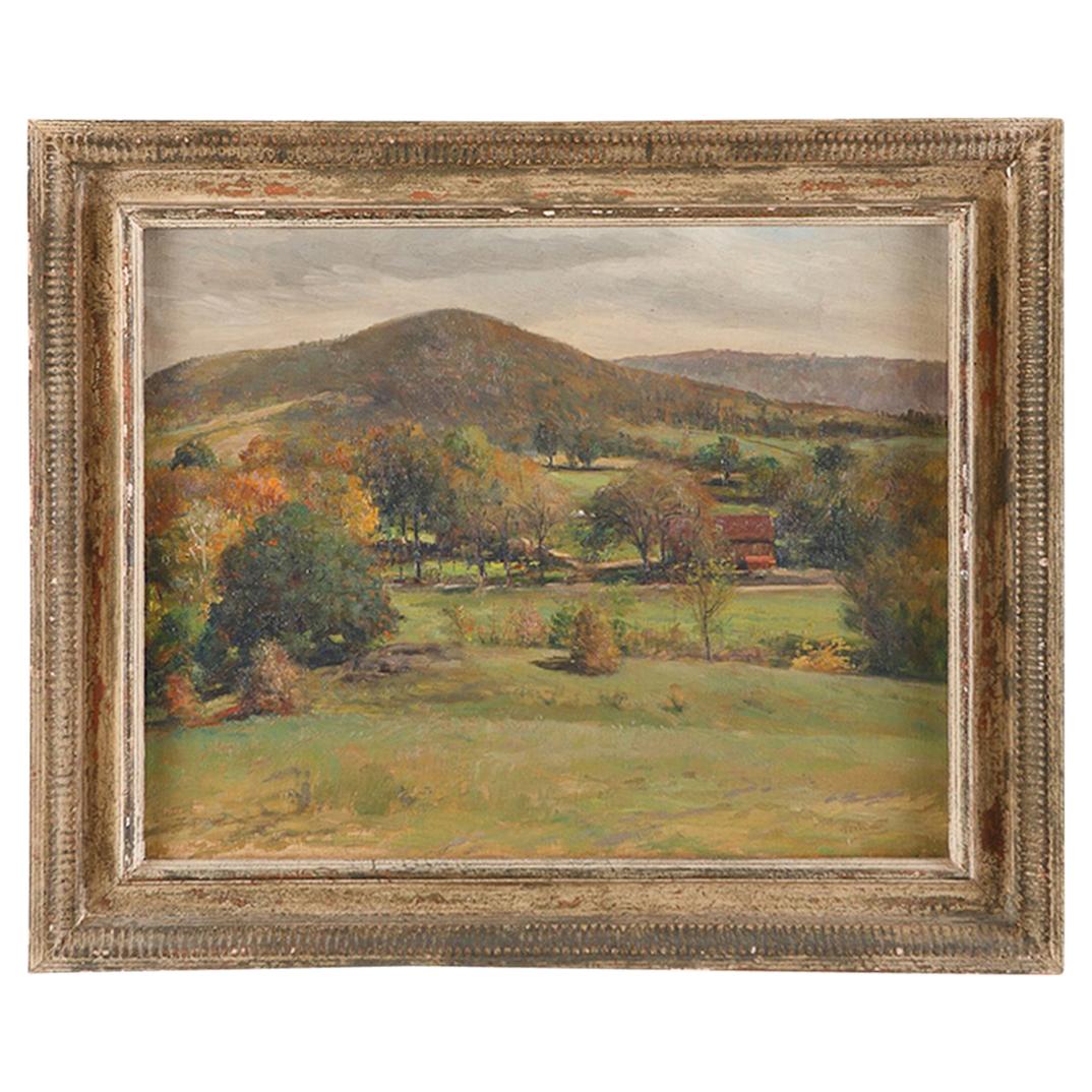 19th Century Oil Painting of Autumn Landscape with Hills and Red Barn