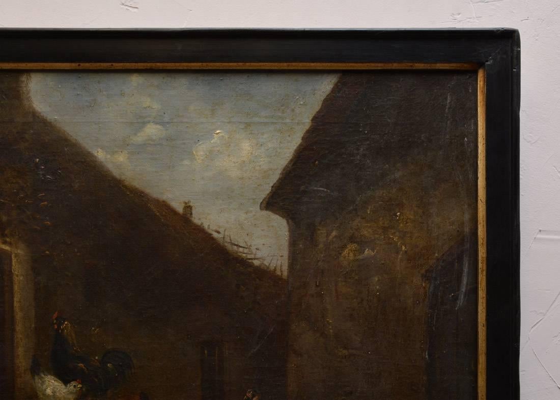 19th Century Oil Painting of Barn Yard Scene In Distressed Condition For Sale In Sheffield, MA