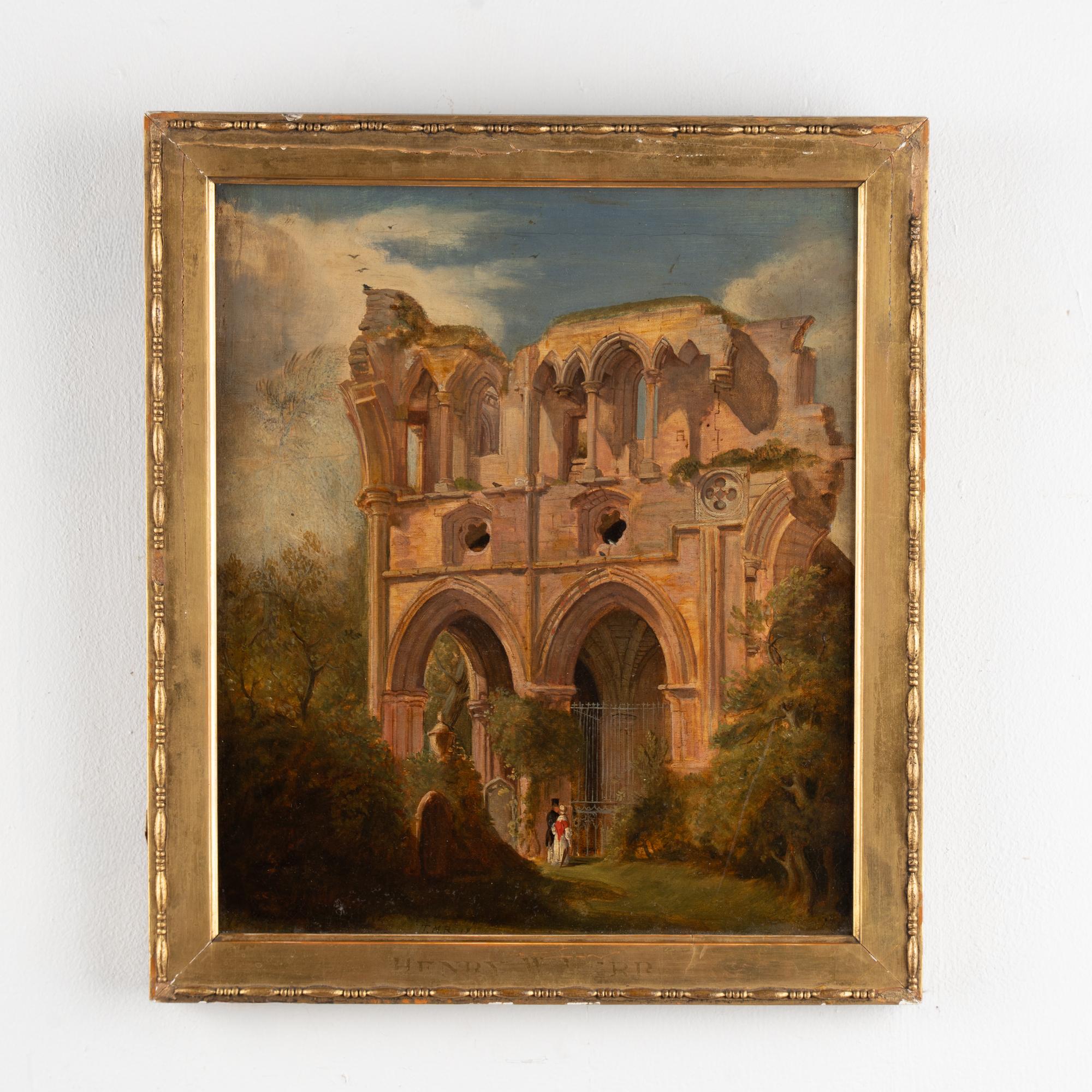 Original oil on canvas painting of Dryburgh Abbey and The Tomb of Walter Scott. Unknown artist, signed T.M.R.; indistinctly dated 1840.
Canvas has craquelure and retouches throughout, some scratches.
Canvas will benefit from cleaning which we leave