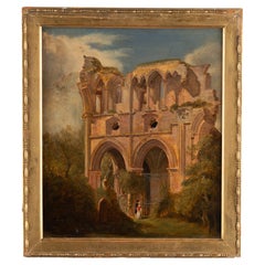 19th Century Oil Painting of Dryburgh Abbey and Tomb of Walter Scott, England
