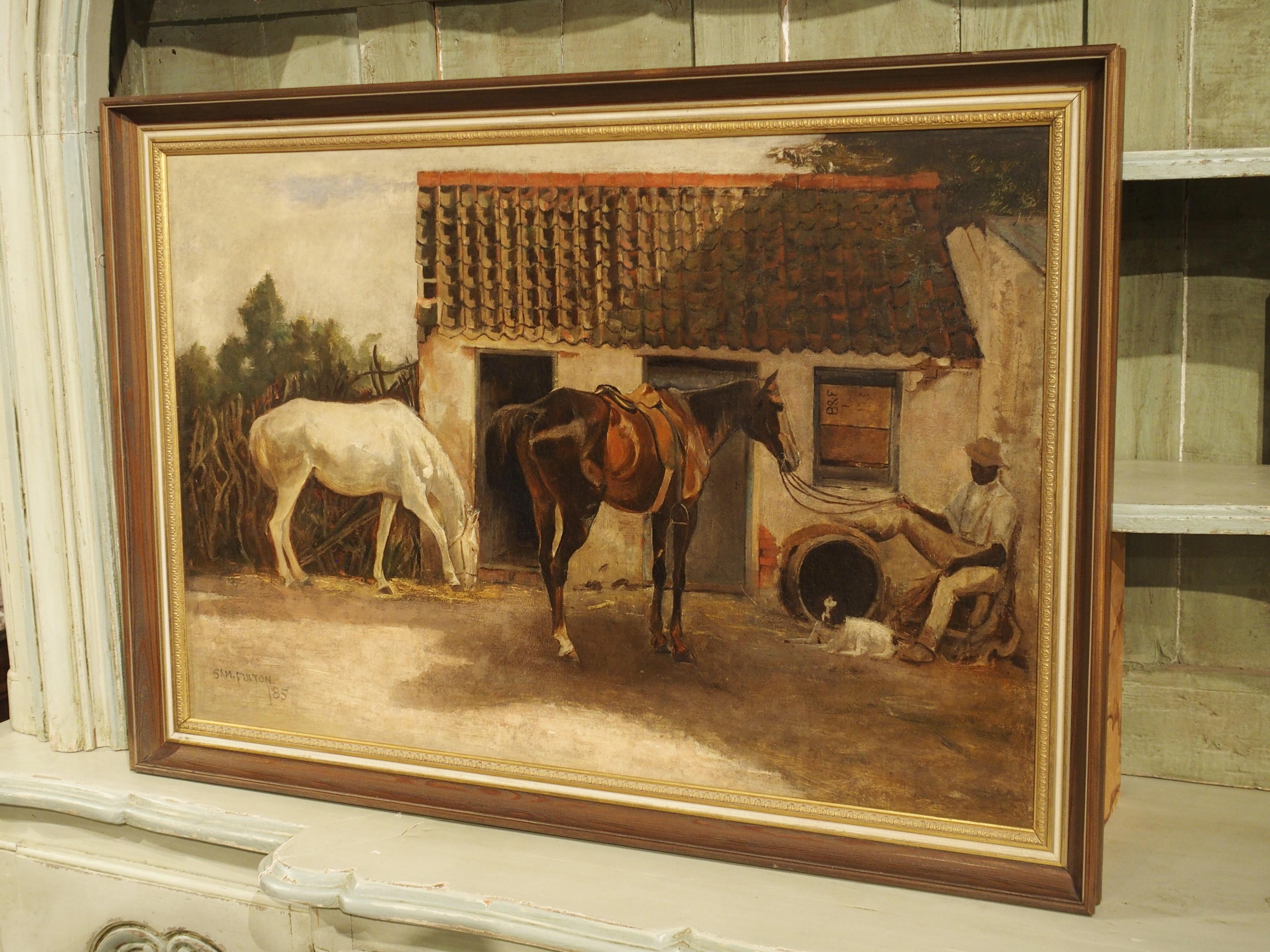 This quaint oil on canvas painting of horses is from 1885, by the Scottish painter Sam Fulton. The artwork is signed and dated in the lower left corner.

A tranquil offering, the painting depicts a “horse groom” relaxing in front of a building