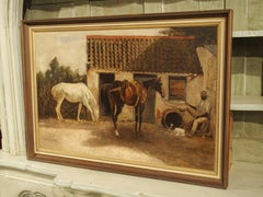 19th Century Oil Painting of Horses near the Stables