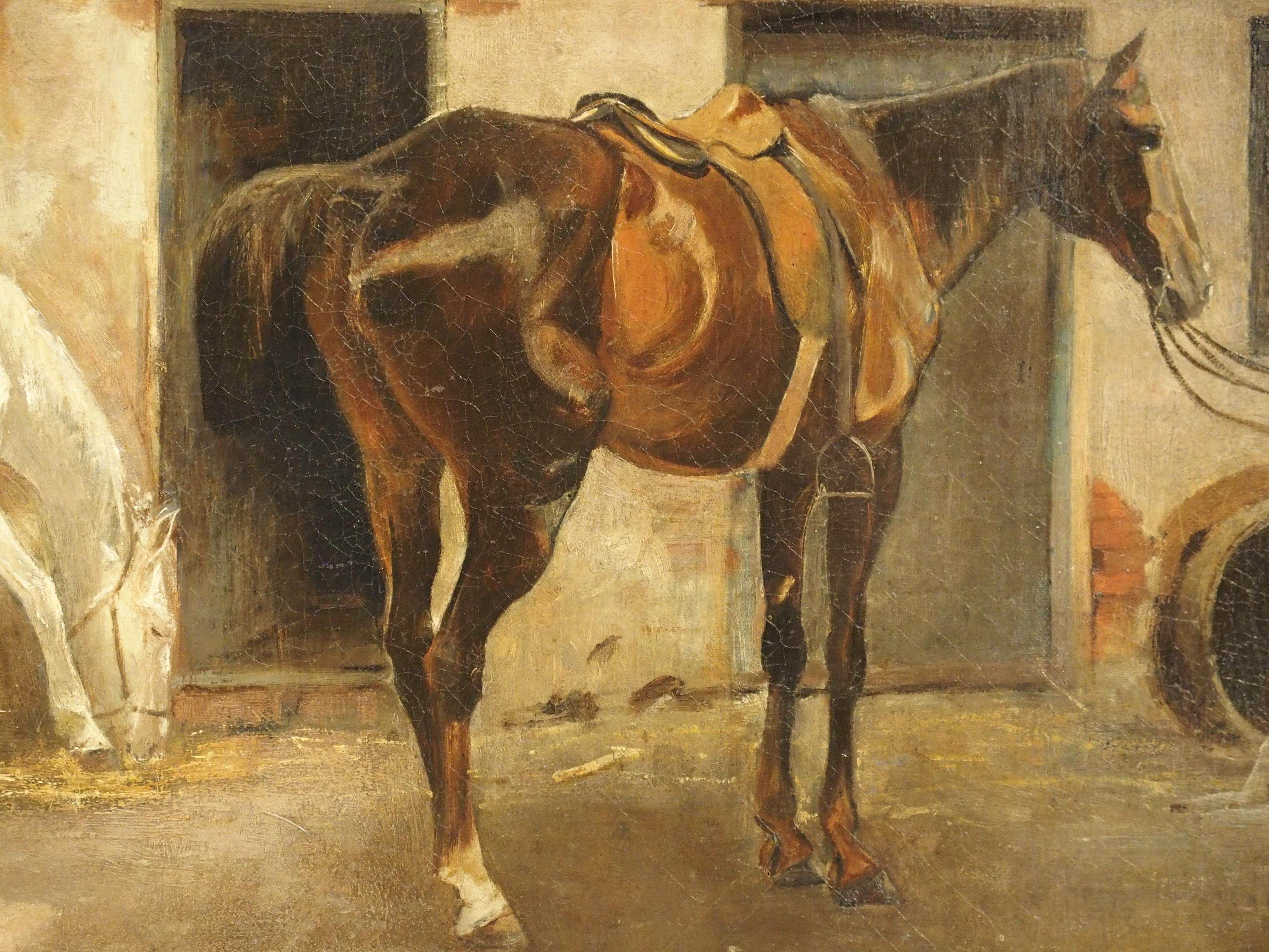 19th Century Oil Painting of Horses near the Stables In Good Condition In Dallas, TX