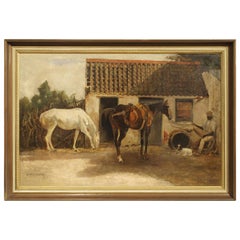 19th Century Oil Painting of Horses near the Stables