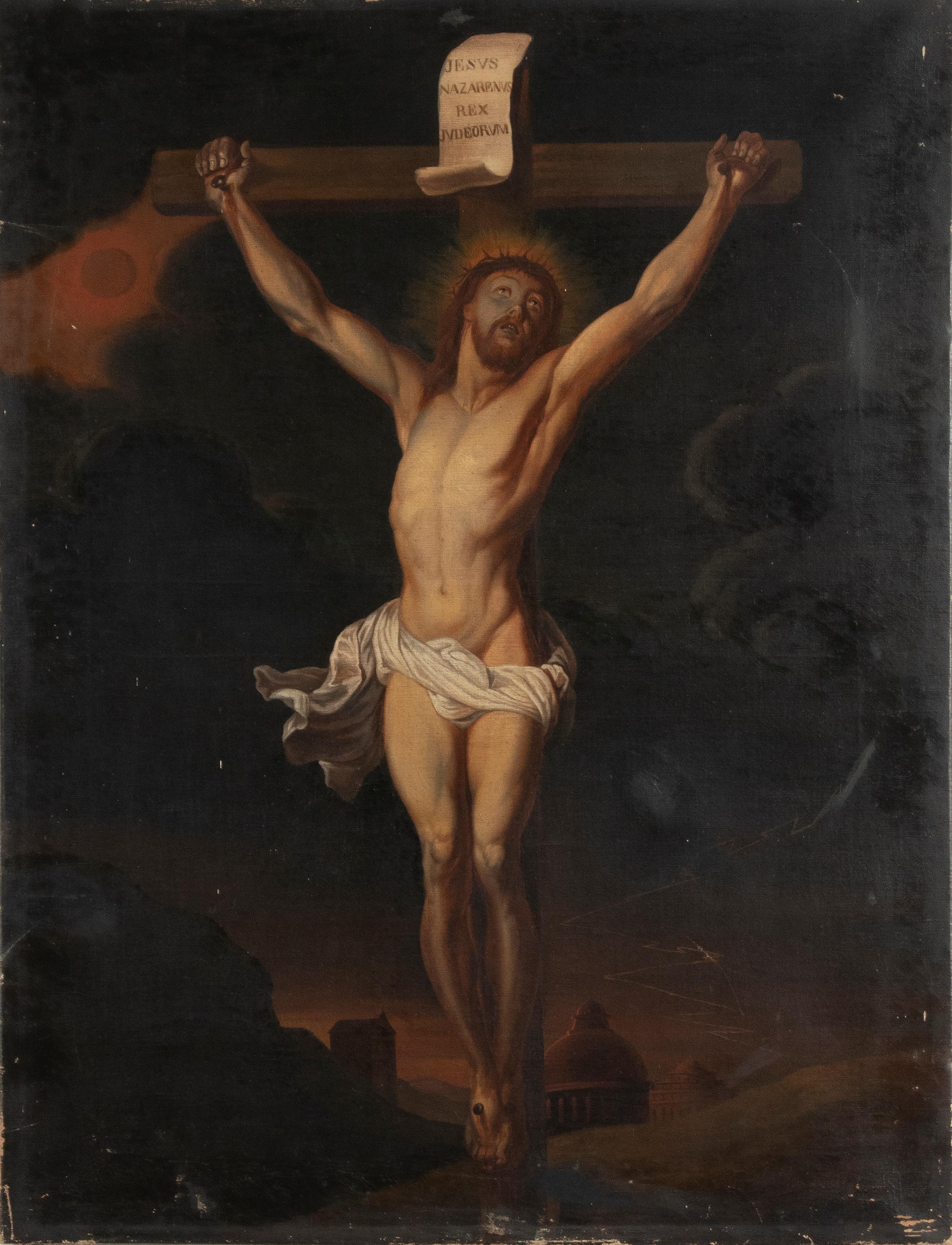 19th century oil painting on canvas depicting Jesus Christ on the cross. It is a very atmospheric painting, Jesus stands in the light, against a dark background with lightning bolts. The suffering of Jesus is beautifully depicted in this painting.