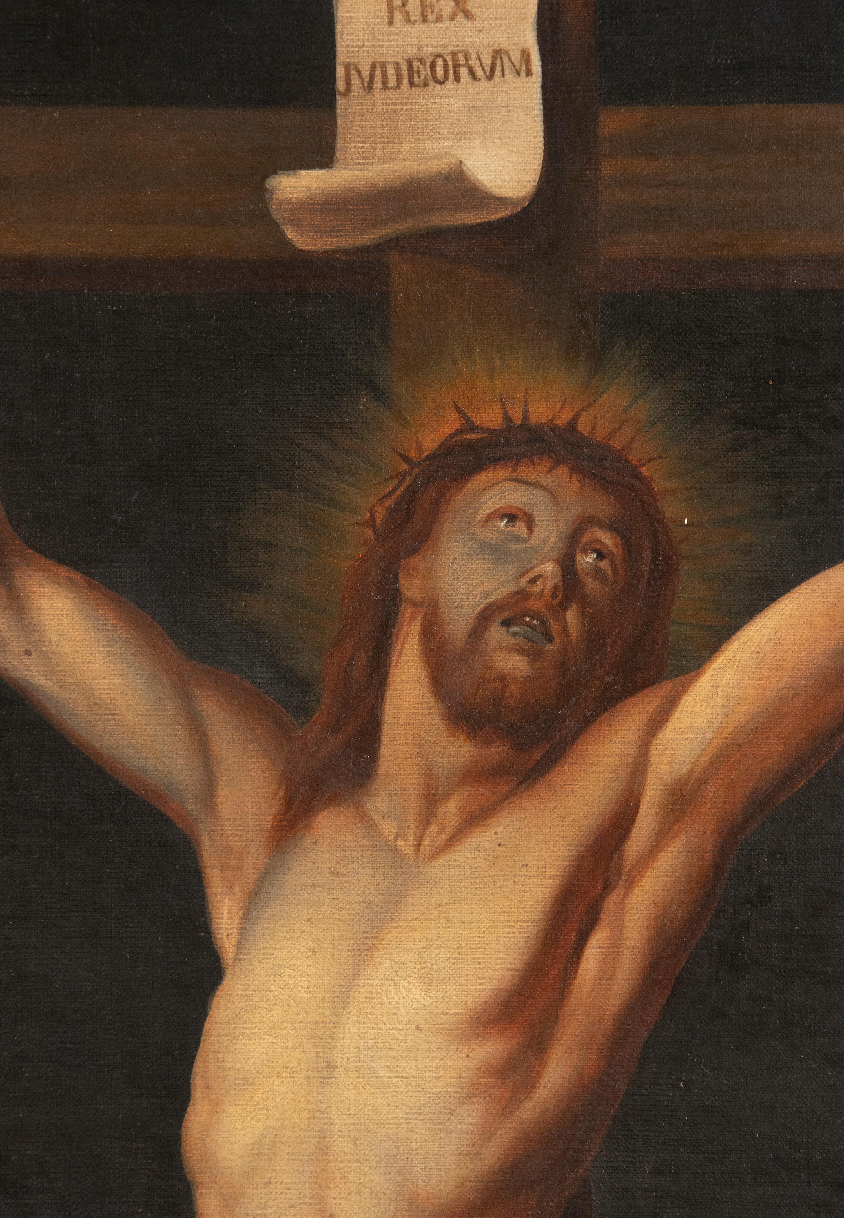 Gothic Revival 19th Century Oil Painting of Jesus Christ on the Cross