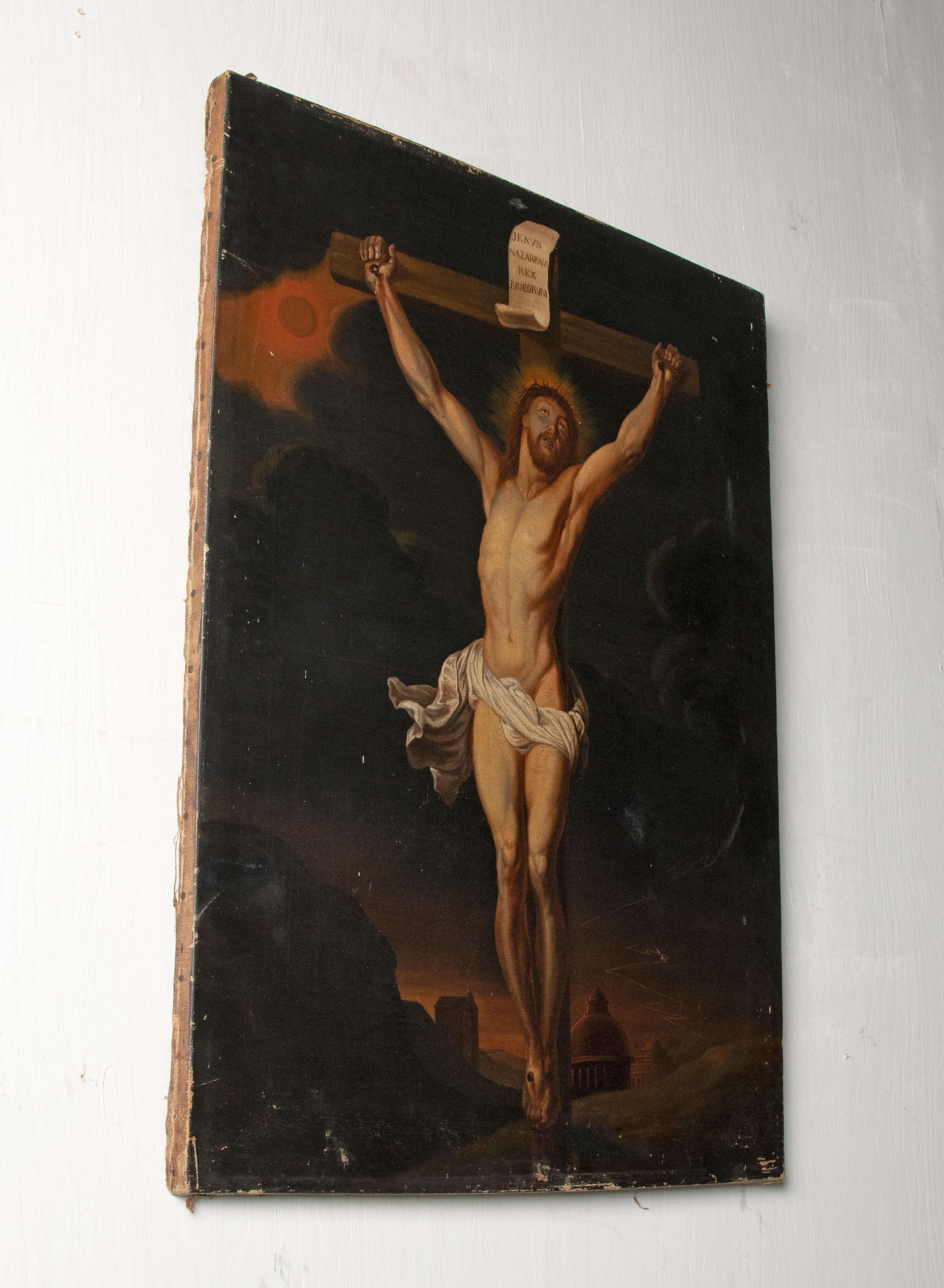 French 19th Century Oil Painting of Jesus Christ on the Cross