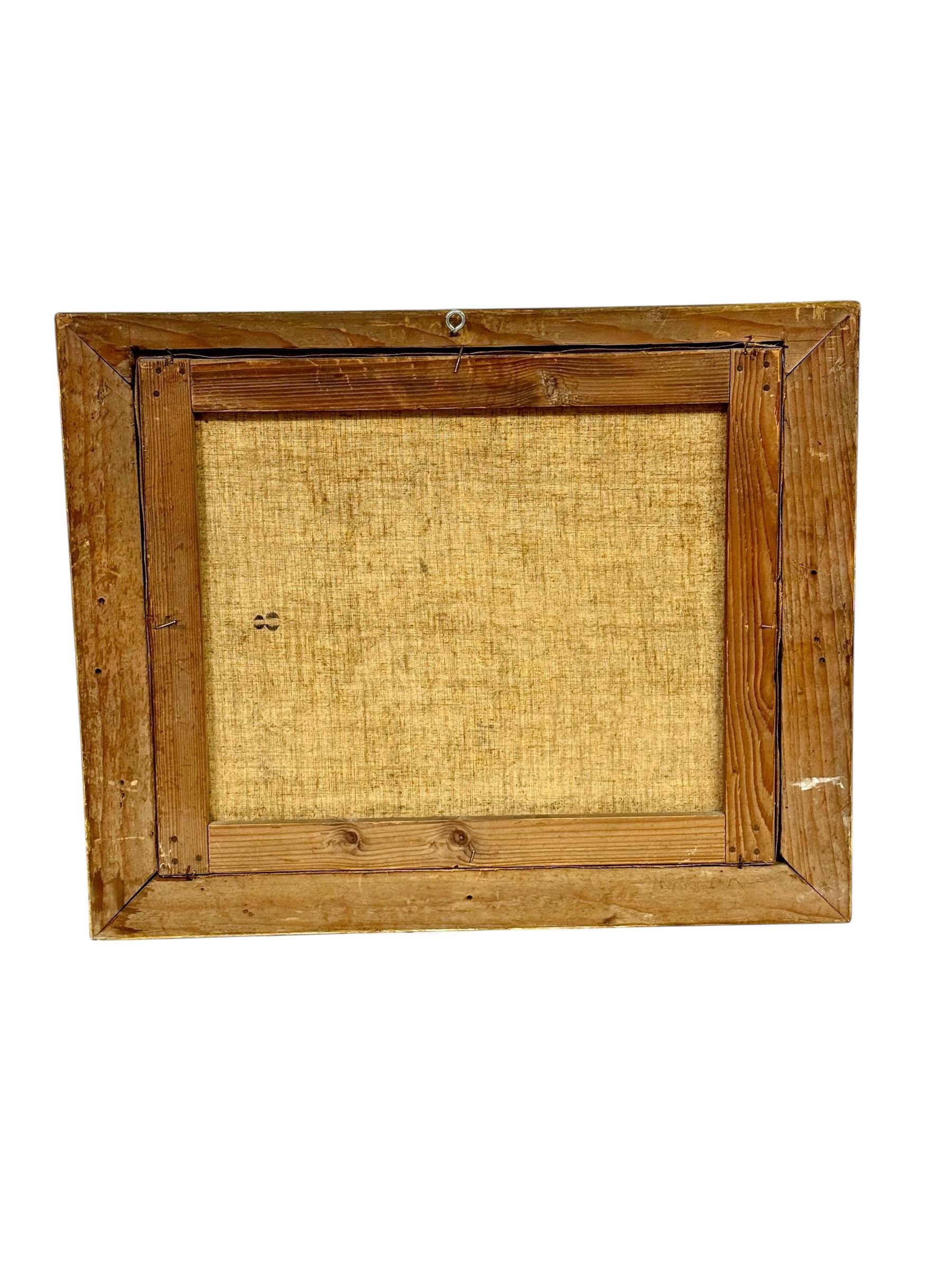 Quadro a olio del XIX secolo con viole del pensiero in un vaso di vetro e cornice in legno dorato in vendita 4