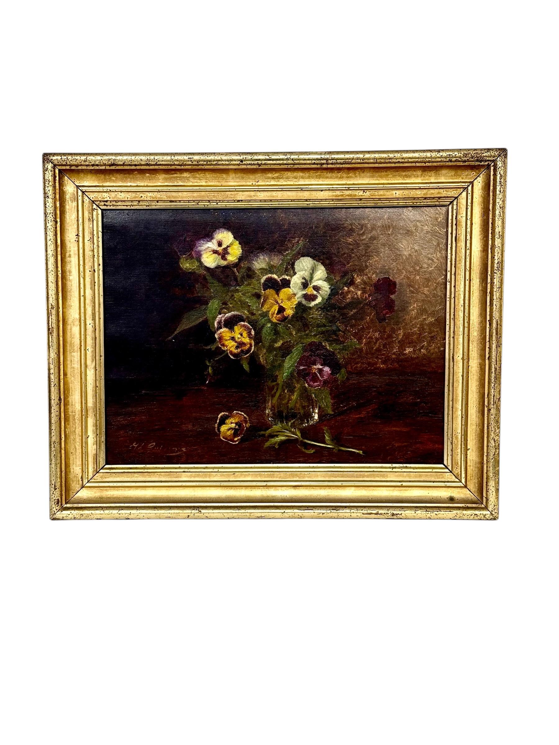 Quadro a olio del XIX secolo con viole del pensiero in un vaso di vetro e cornice in legno dorato in vendita 5