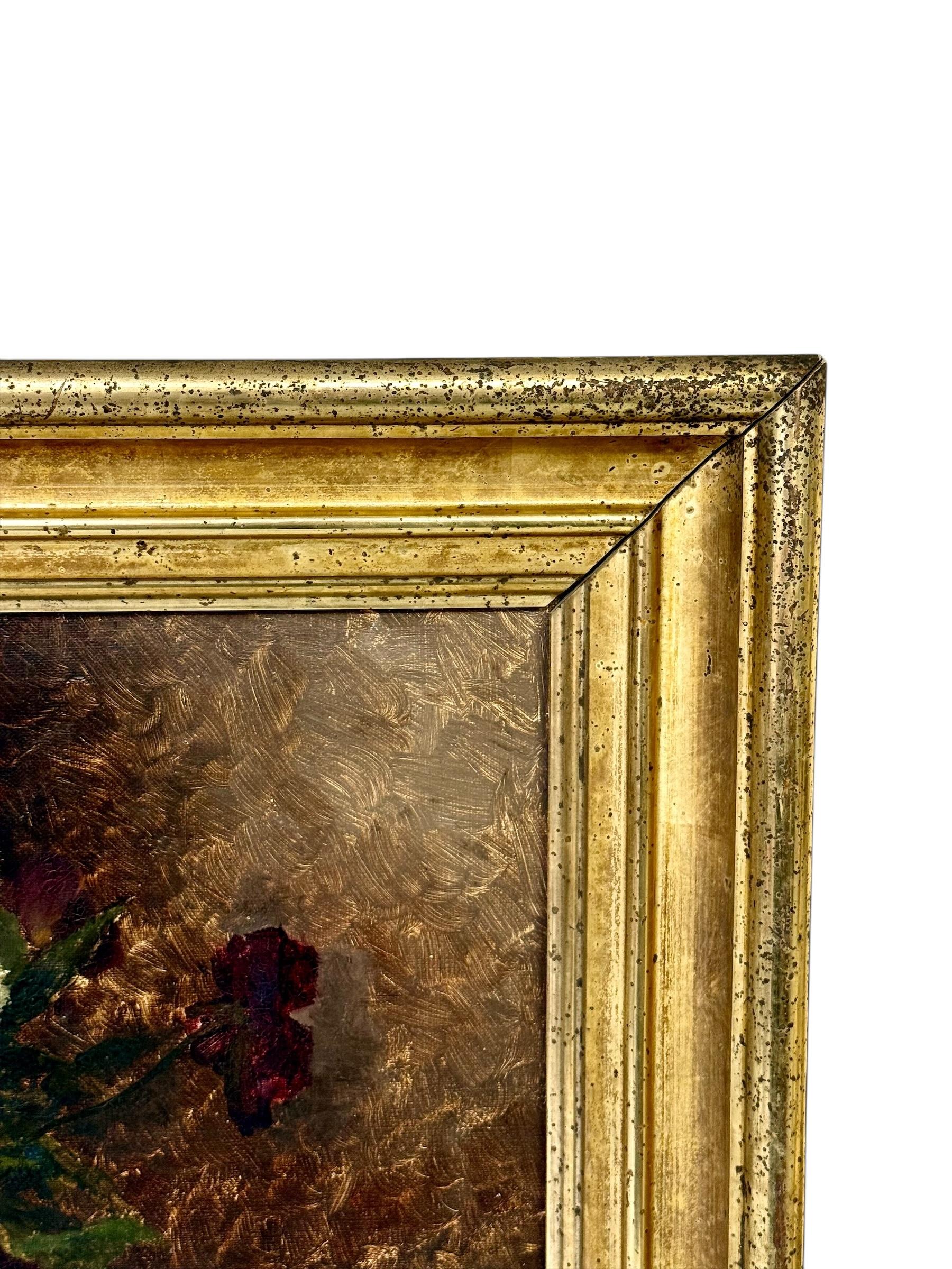 Quadro a olio del XIX secolo con viole del pensiero in un vaso di vetro e cornice in legno dorato in vendita 2