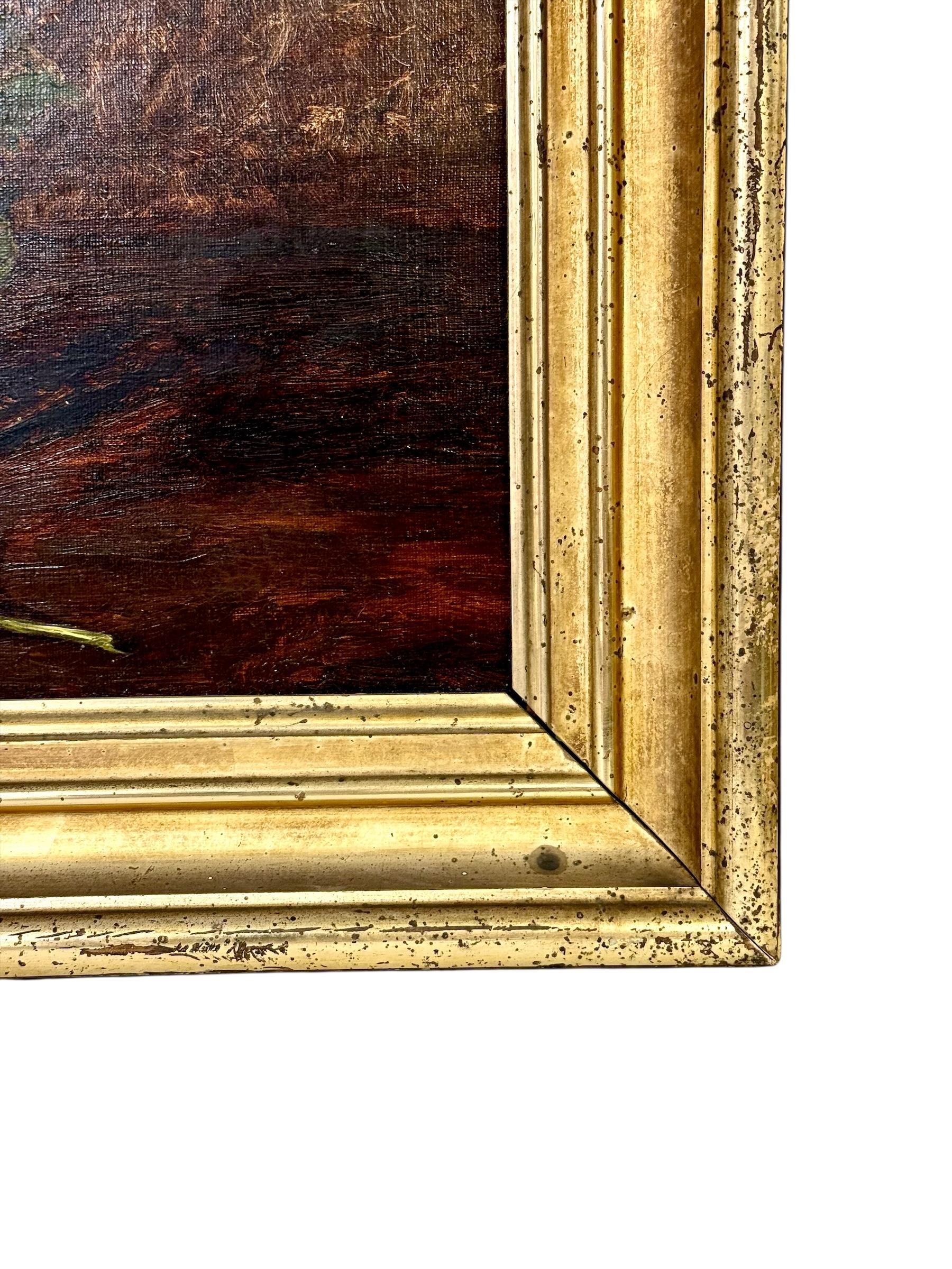 Quadro a olio del XIX secolo con viole del pensiero in un vaso di vetro e cornice in legno dorato in vendita 3