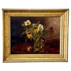 19th Century Oil Painting of Pansies in Glass Vase with Giltwood Frame