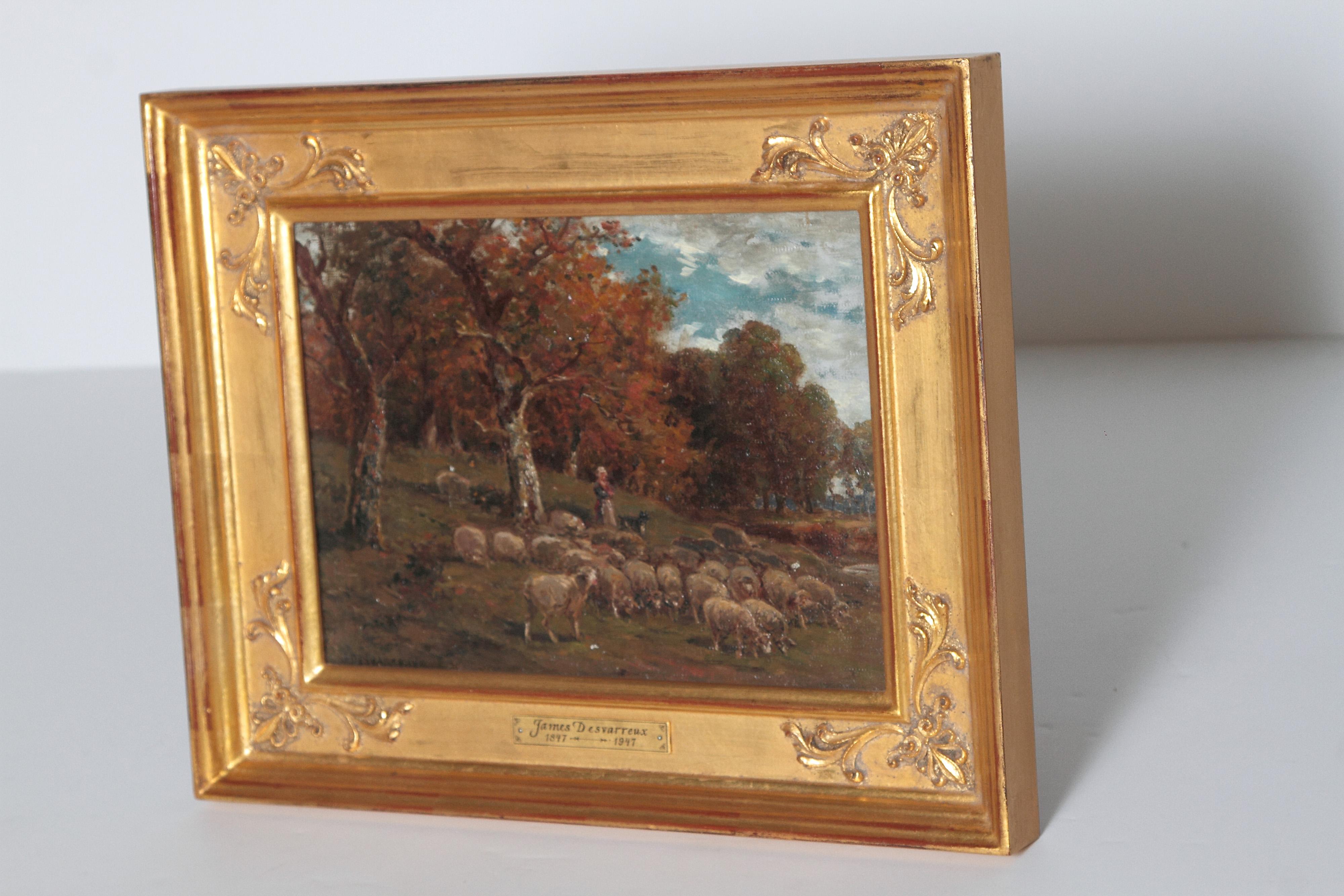 19th century oil on canvas by James Desvarreux-Larpenteur (1847-1937, American). Depicting a Shepherdess and her sheep dog tending a flock of sheep near a Stand of trees on a sunny day. Signed J Desvarruex lower left. He studied in Paris at the
