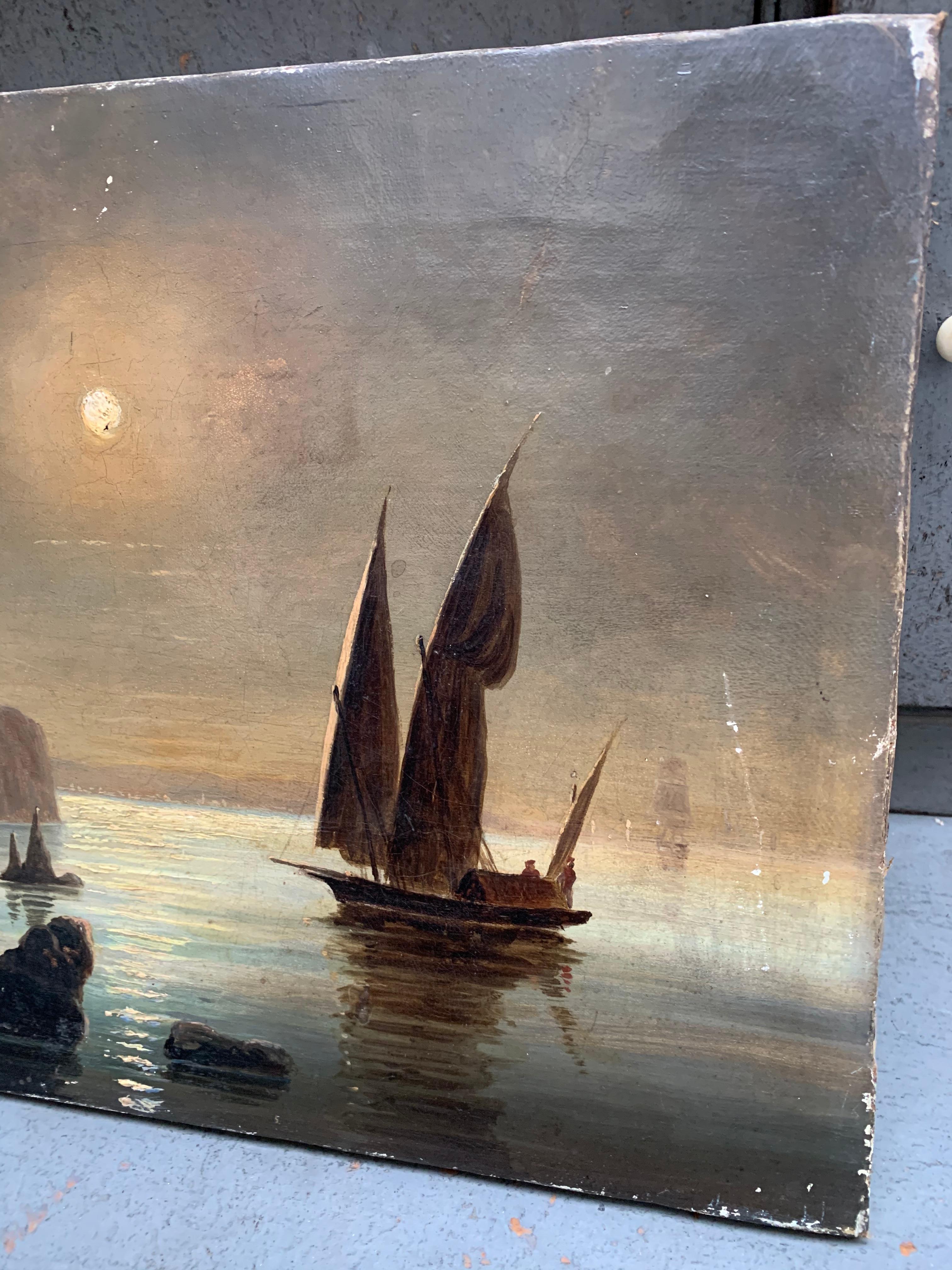 Peinture à l'huile du 19ème siècle représentant une côte suédoise avec un voilier au clair de lune en vente 1
