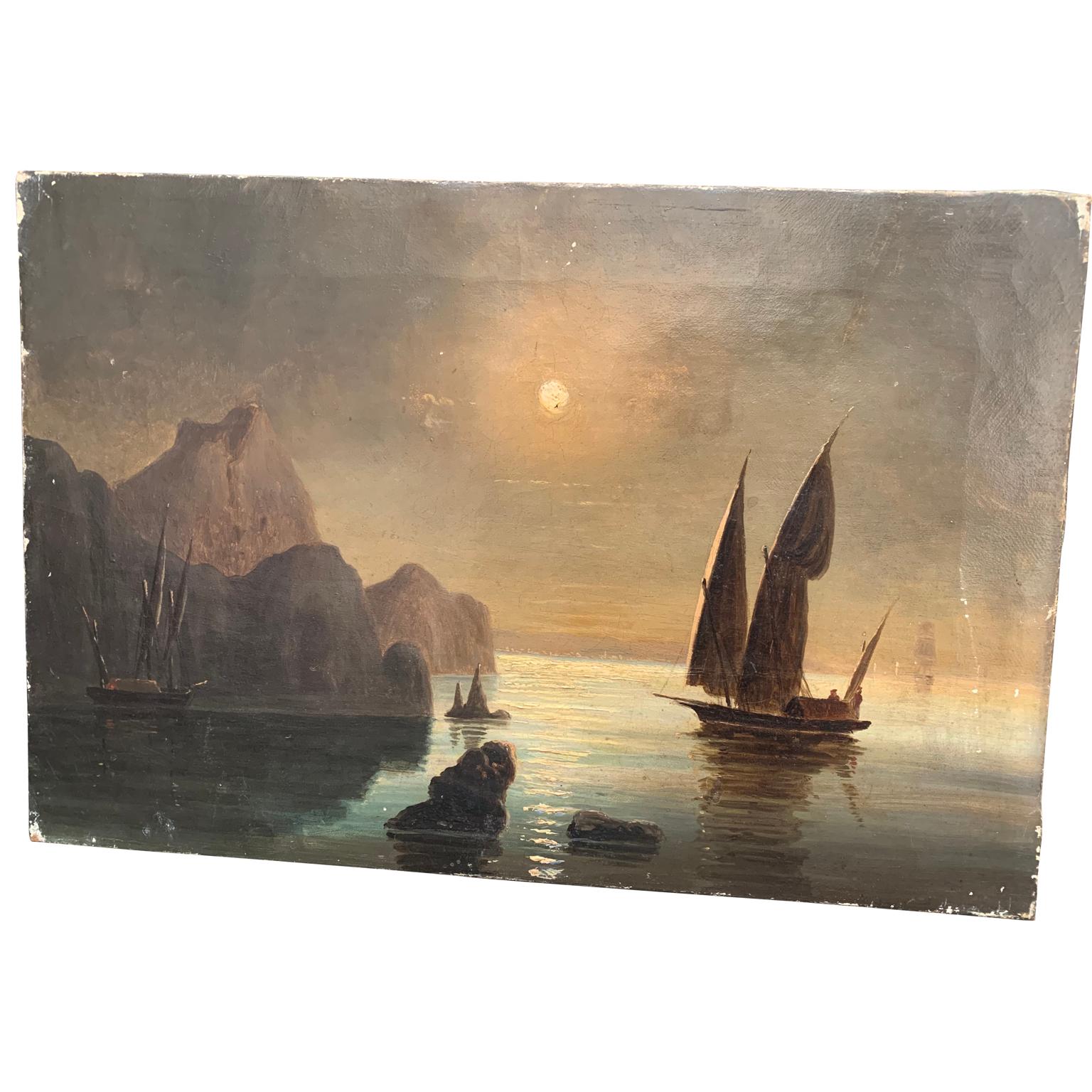 19th century oil painting of Swedish coastline with sail boat in moonlight.
This artwork has small damages but has also kept its original patina and feeling trough the decades which is something both us and our customers dearly appreciate when it