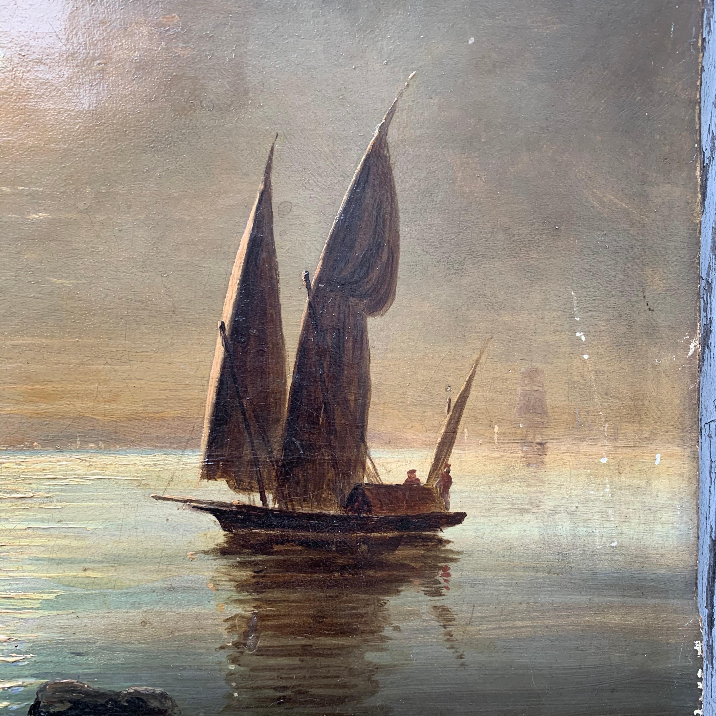 Ölgemälde der schwedischen Küste des 19. Jahrhunderts mit Segelboot im Mondlicht (Schwedisch) im Angebot