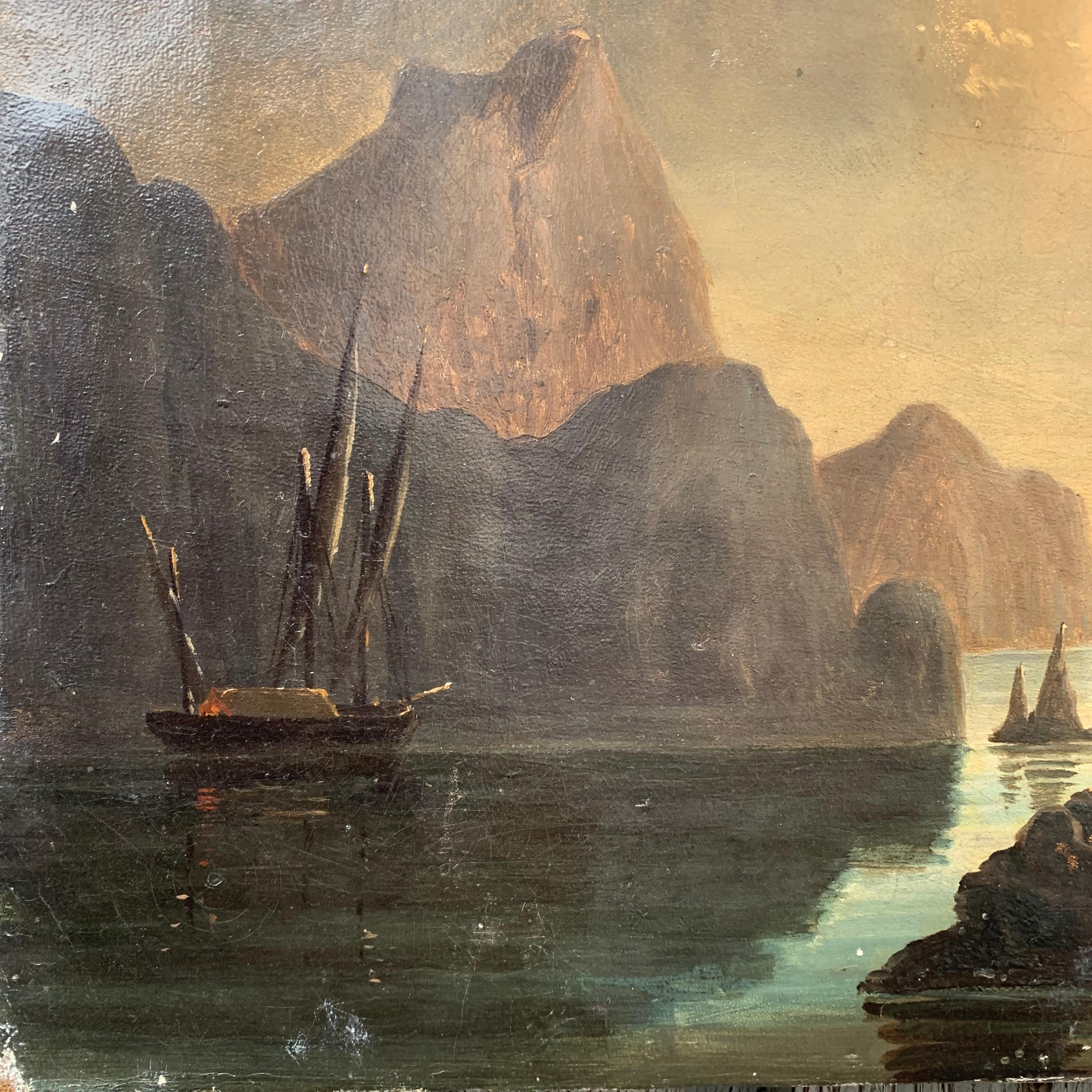Romantic 19th Century Oil Painting of Swedish Coastline with Sail Boat in Moonlight For Sale