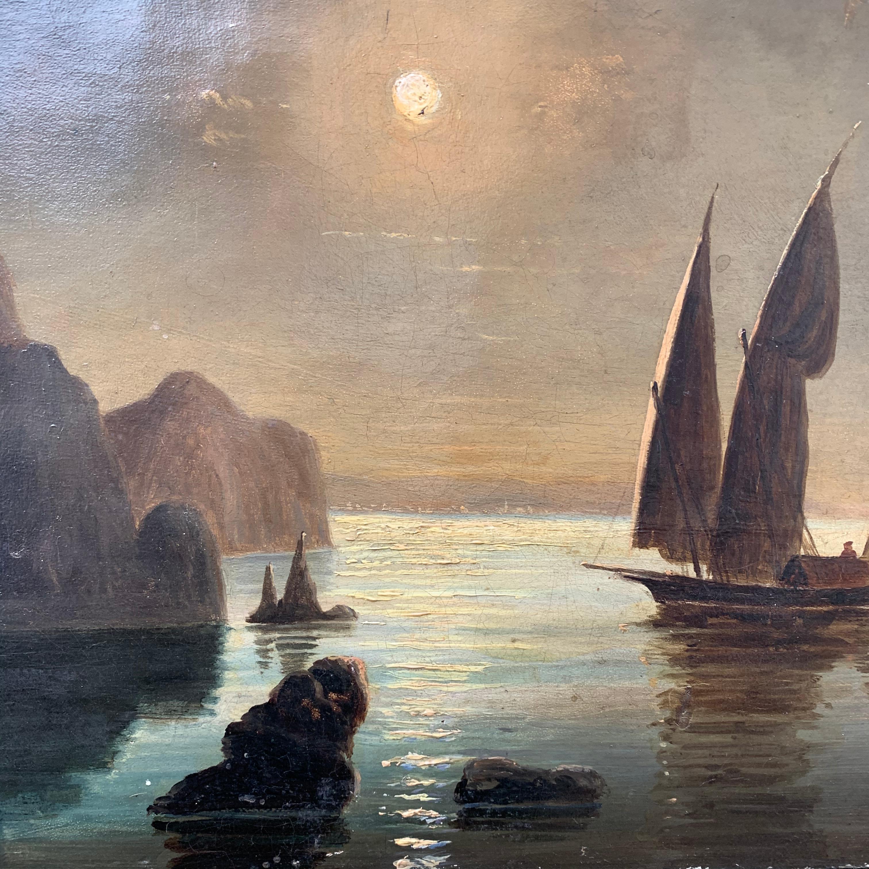 Hand-Painted 19th Century Oil Painting of Swedish Coastline with Sail Boat in Moonlight For Sale