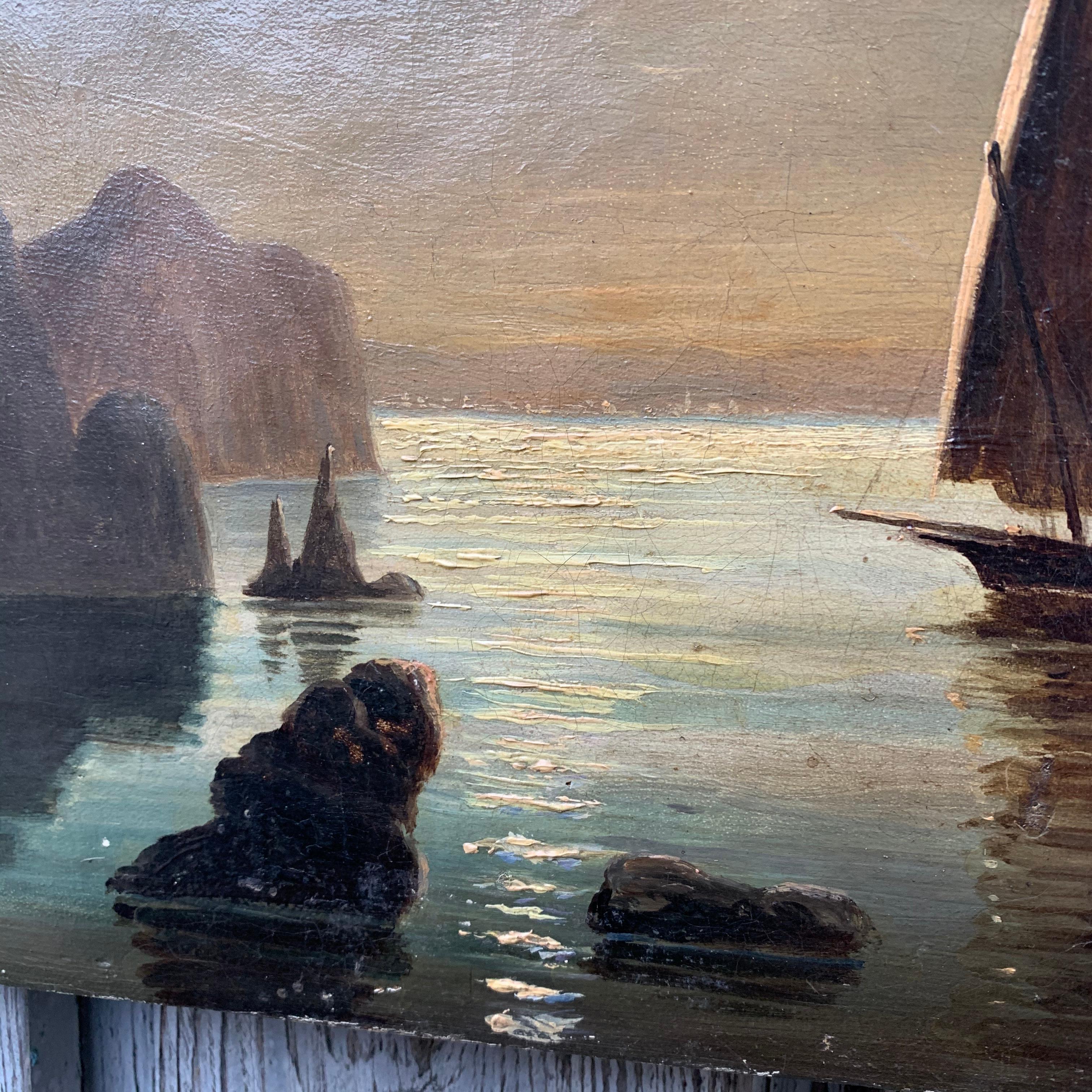 19th Century Oil Painting of Swedish Coastline with Sail Boat in Moonlight In Fair Condition For Sale In Haddonfield, NJ