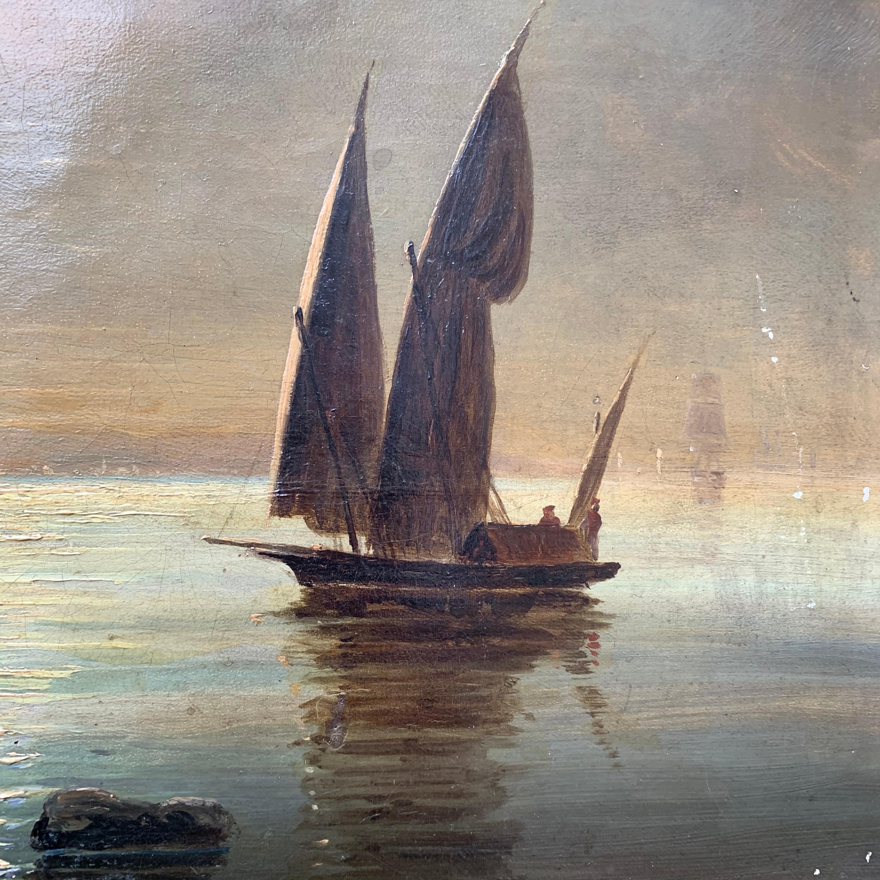 Toile Peinture à l'huile du 19ème siècle représentant une côte suédoise avec un voilier au clair de lune en vente
