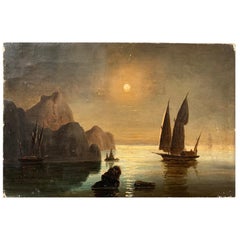 Antique 19th Century Oil Painting of Swedish Coastline with Sail Boat in Moonlight