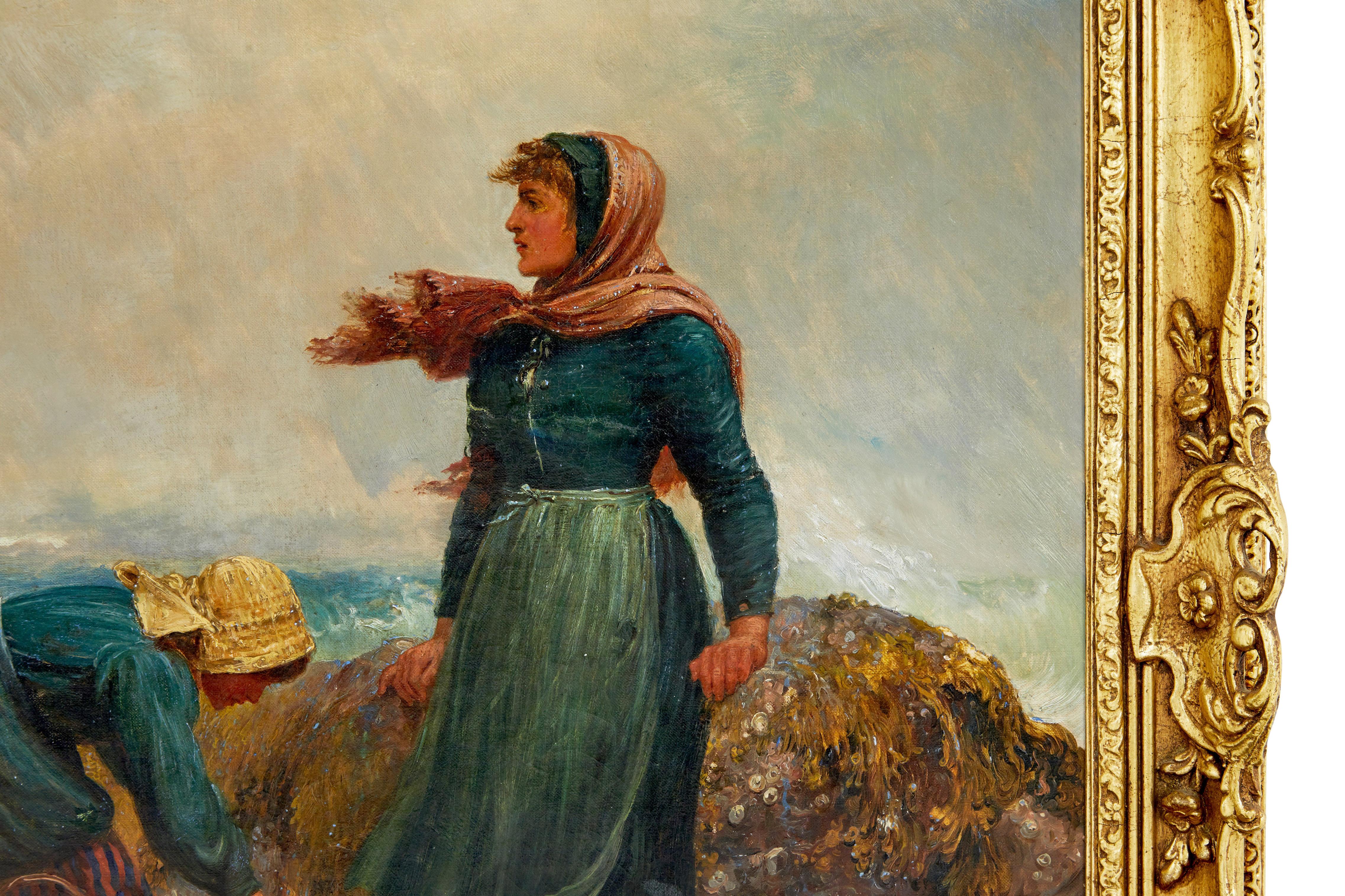 Victorian 19th century oil painting of yorkshire flither pickers by Robert Farren For Sale