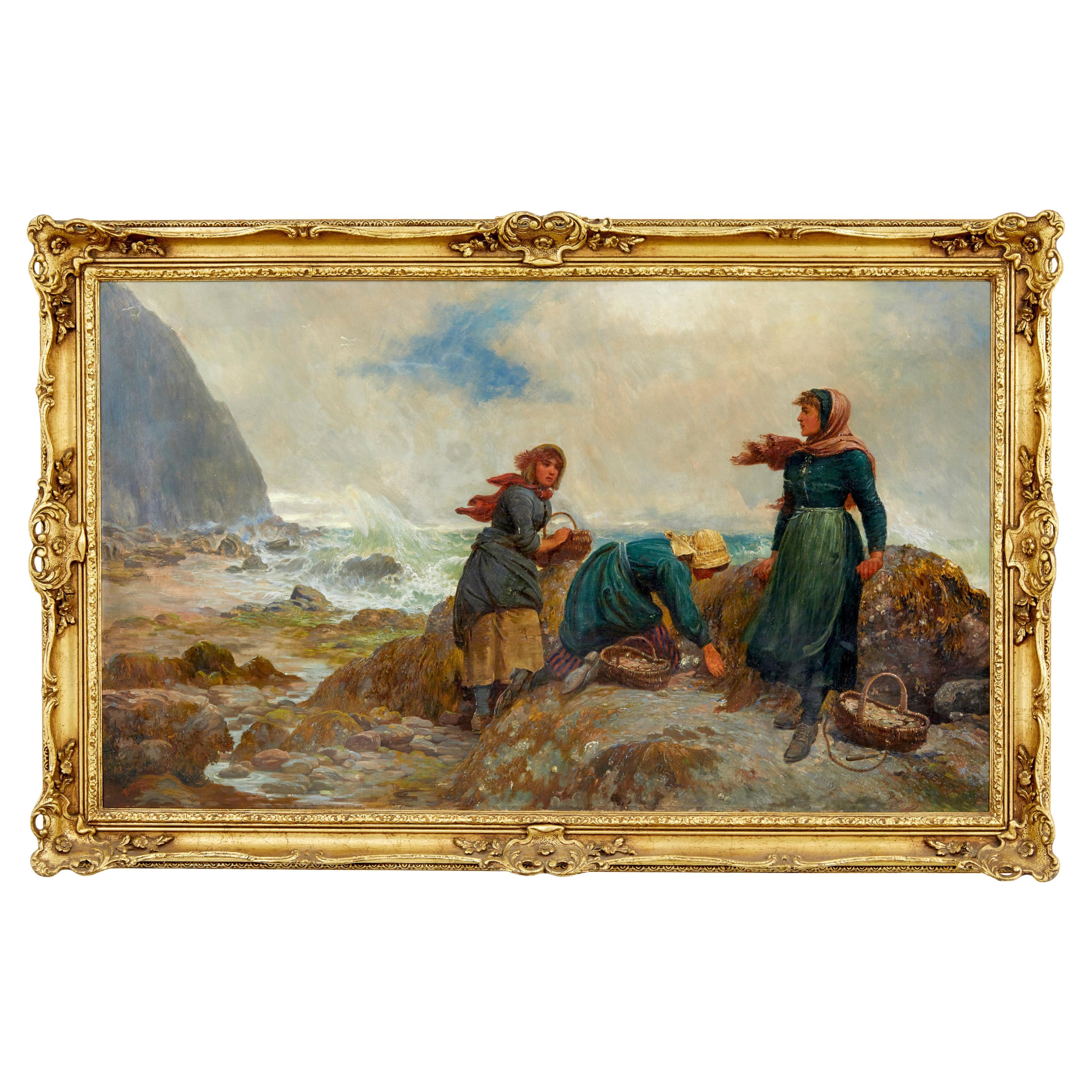 19th century oil painting of yorkshire flither pickers by Robert Farren For Sale