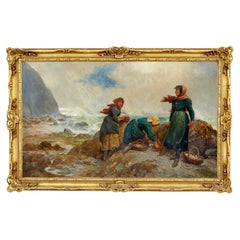 Antique 19th century oil painting of yorkshire flither pickers by Robert Farren