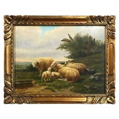 19th Century Oil Painting on Board in Gilded Hand Carved Frame, Ca. 1850