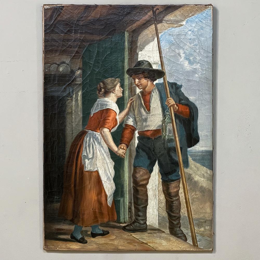 Cette peinture à l'huile sur toile du XIXe siècle représente une scène dépeinte par une grande variété d'artistes au fil des ans. Un jeune couple fait ses adieux, le jeune homme partant en mer avec sa pique, son ciré et sa lanterne, vêtu de hautes