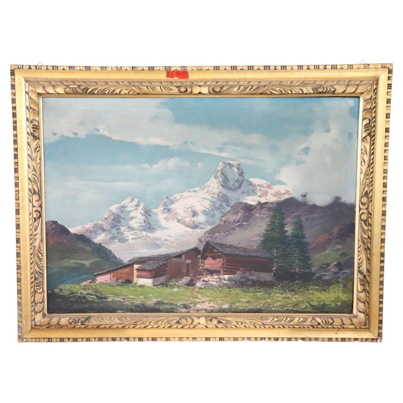 Oil Painting on Canvas Italian Mountain Landscape, Signed 