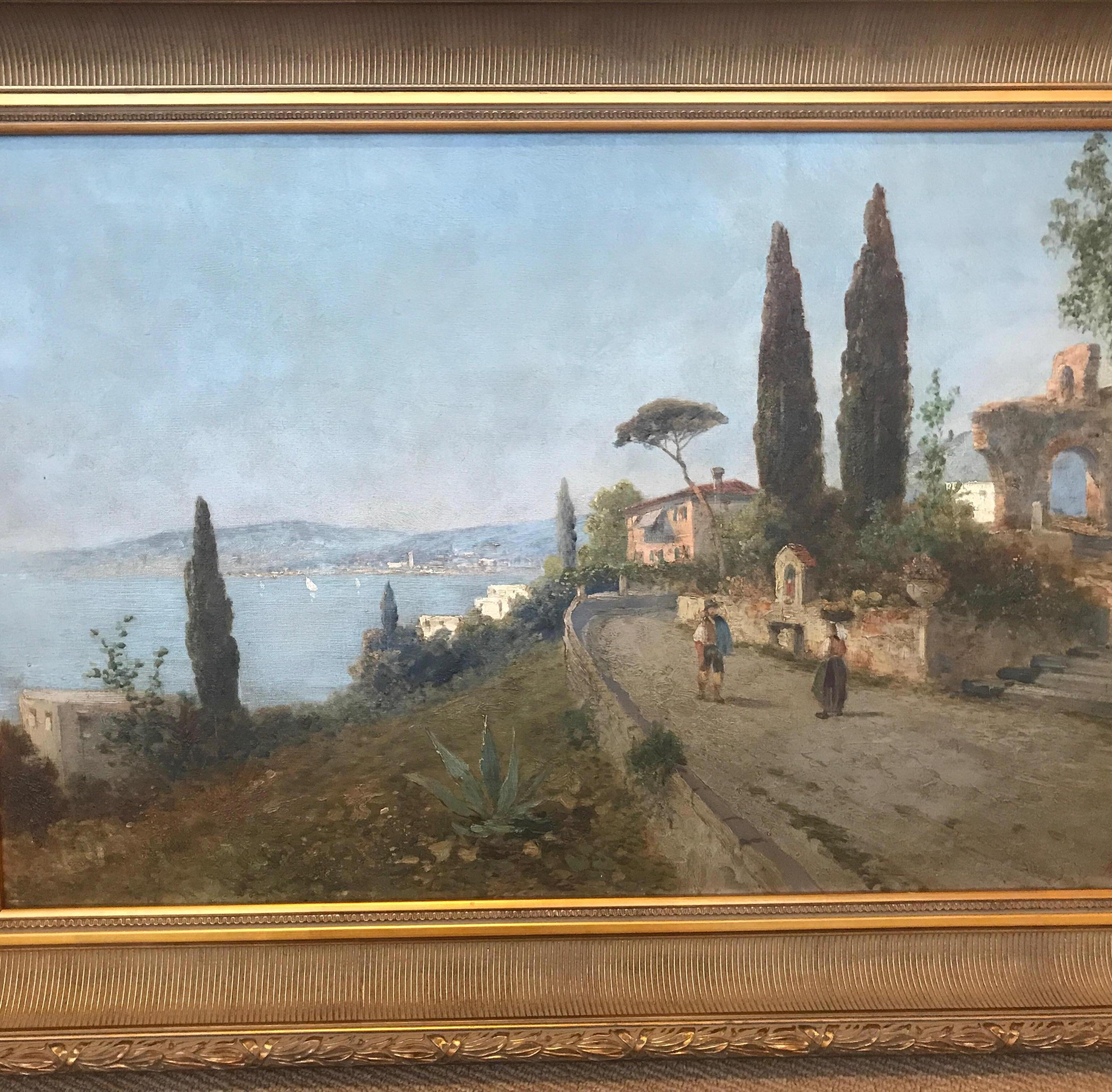 Exceptional 19th century oil on canvas painting of a harbor scene by listed artist George Fischhof (1859-1914), Austria. A romantic painting with a harbor, with villagers and homes set against a blue sky. Artist-signed in red with his pseudonym A.L.