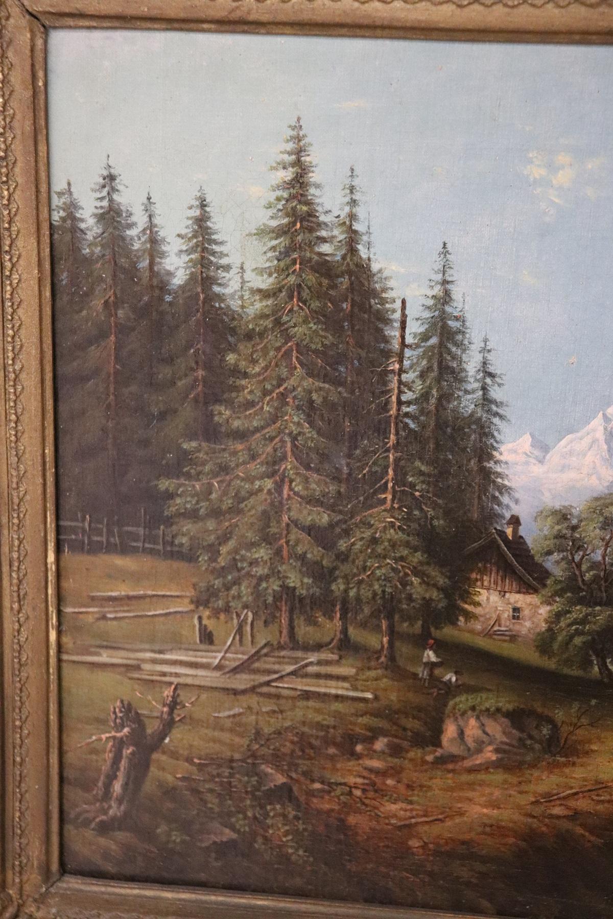 Important refined oil painting on canvas from an important collection of 19th century paintings. The subject is a mountain landscape with lake and characters. The landscape and the pictorial quality suggest a painter from northern Europe. Note the