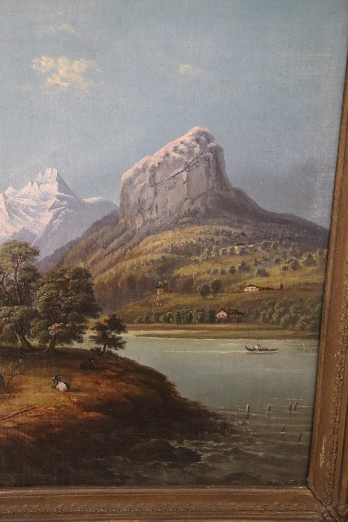 Italian 19th Century Oil Painting on Canvas Mountain Landscape