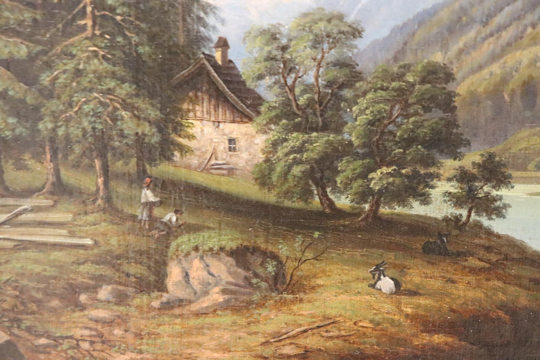 Painted 19th Century Oil Painting on Canvas Mountain Landscape