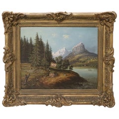 19th Century Oil Painting on Canvas Mountain Landscape