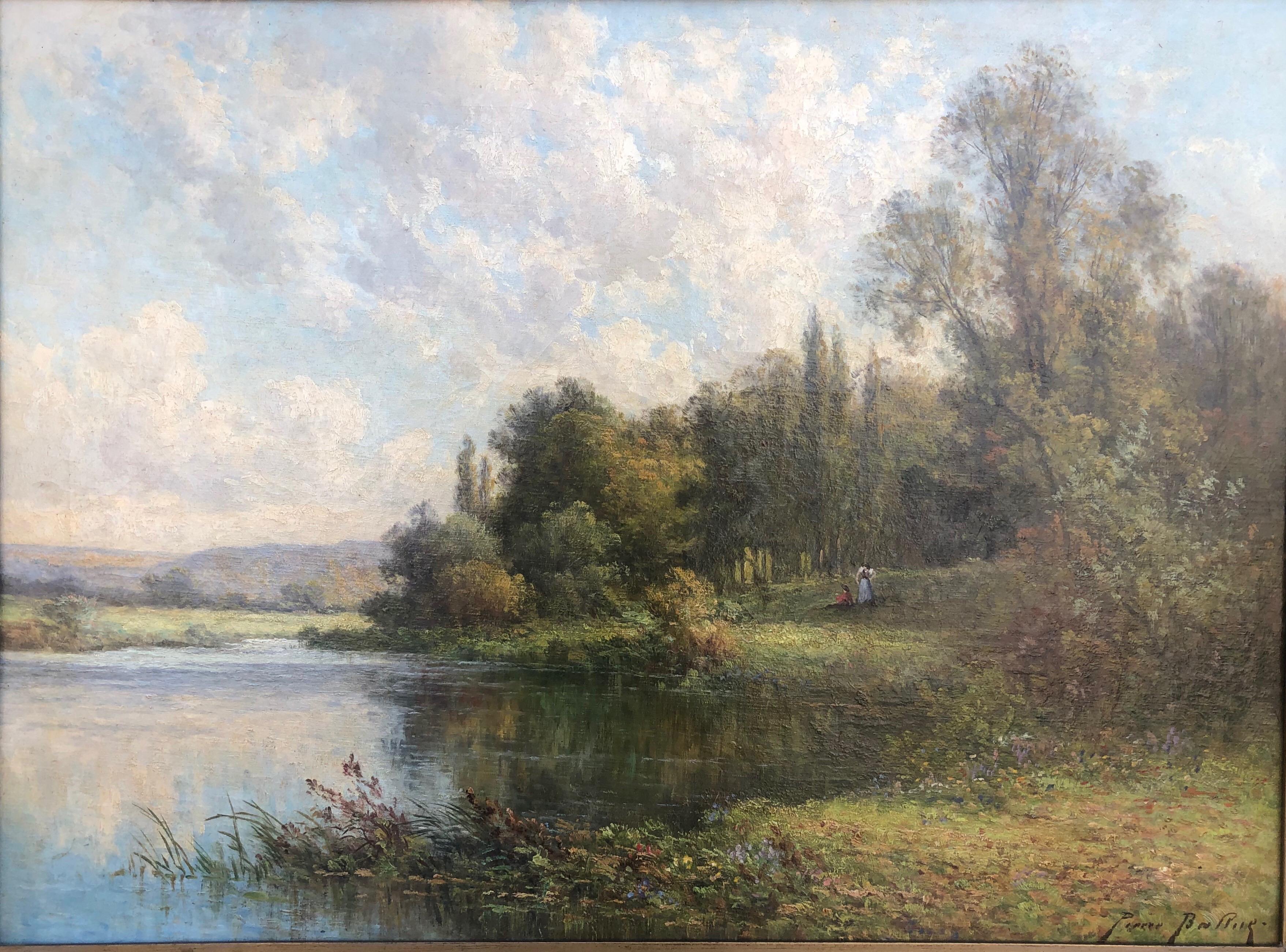 Beautiful French Impressionist oil painting of a calm bucolic landscape by Pierre Ernest Ballue. The painting in original condition with original giltwood frame.
Pierre Ernest Ballue
French, 1855–1928

Balluet was a pupil of Vallee, Defaux and