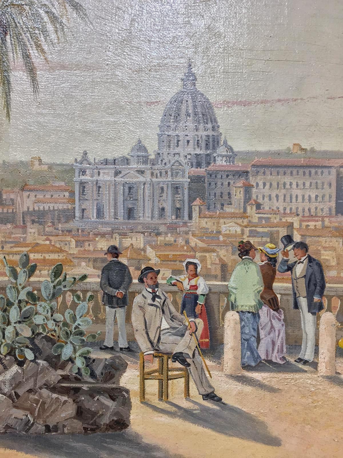 Oiled 19th Century Oil Painting on Canvas Rome Landscape Villa Medici LAST PRICE For Sale