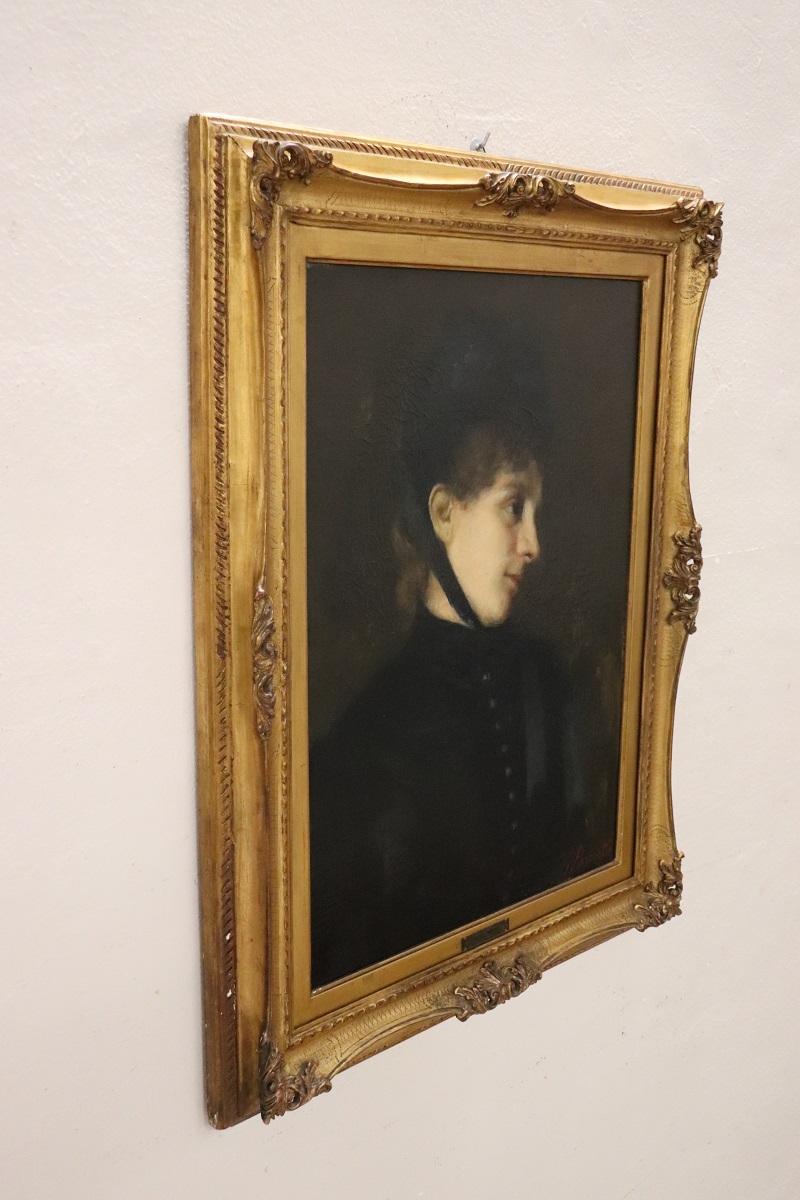 Pintura al óleo sobre lienzo del siglo XIX firmada G. Puricelli, Retrato de mujer joven en venta 5