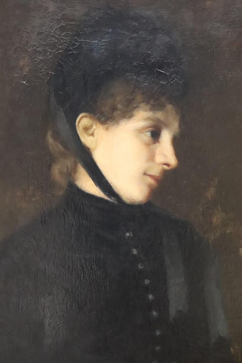 Pintura al óleo sobre lienzo del siglo XIX firmada G. Puricelli, Retrato de mujer joven Italiano en venta