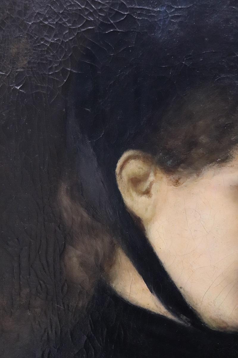 Pintura al óleo sobre lienzo del siglo XIX firmada G. Puricelli, Retrato de mujer joven en venta 1