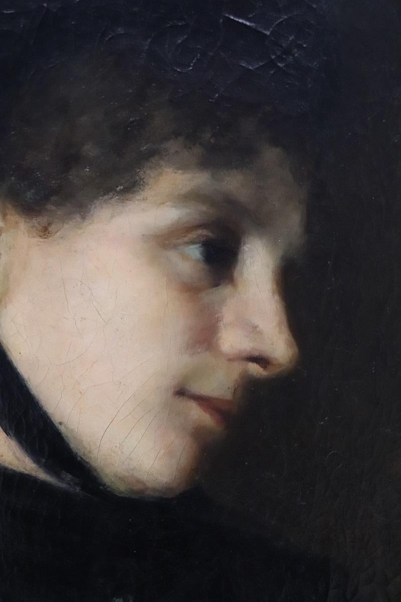 Pintura al óleo sobre lienzo del siglo XIX firmada G. Puricelli, Retrato de mujer joven en venta 2