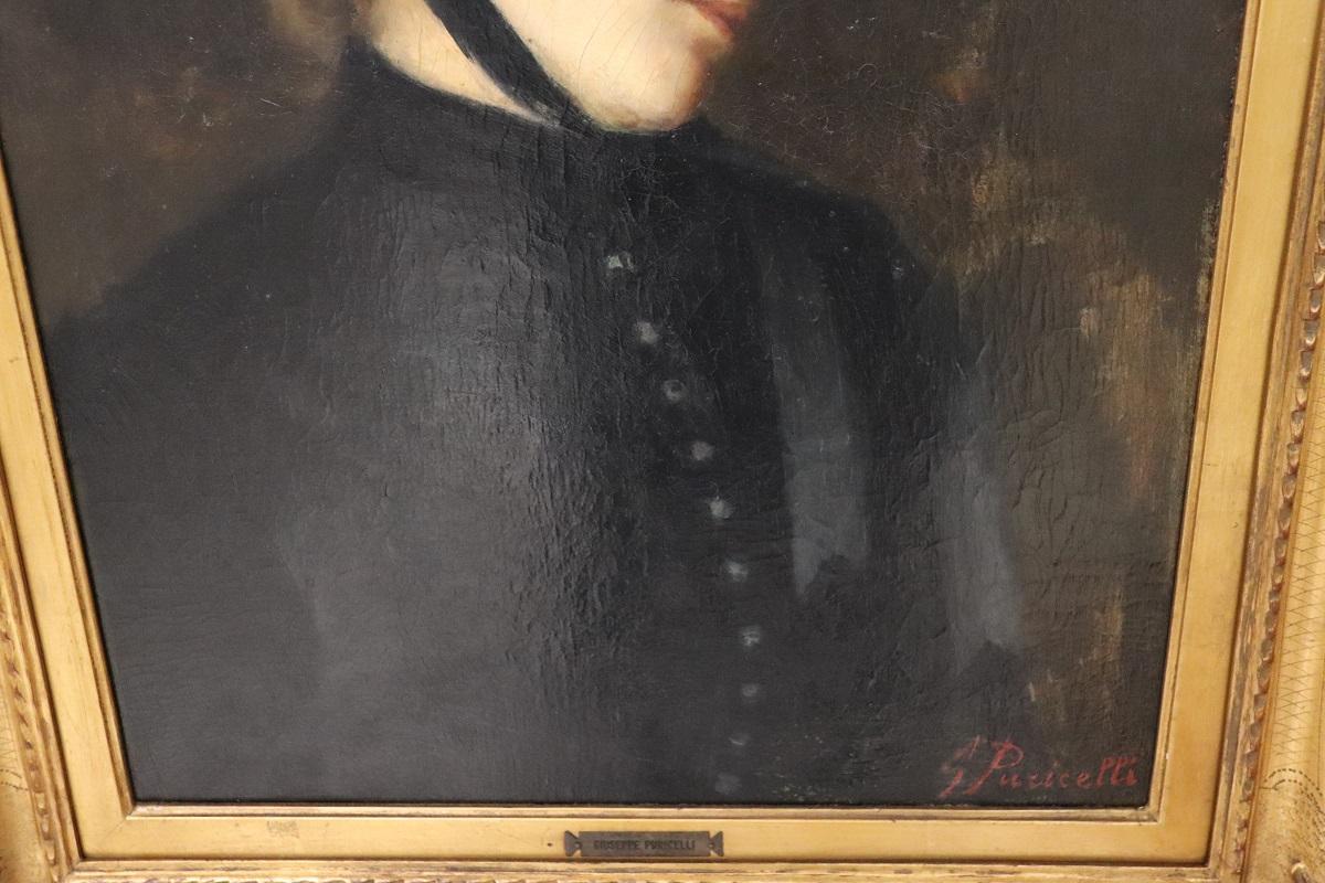 Pintura al óleo sobre lienzo del siglo XIX firmada G. Puricelli, Retrato de mujer joven en venta 3