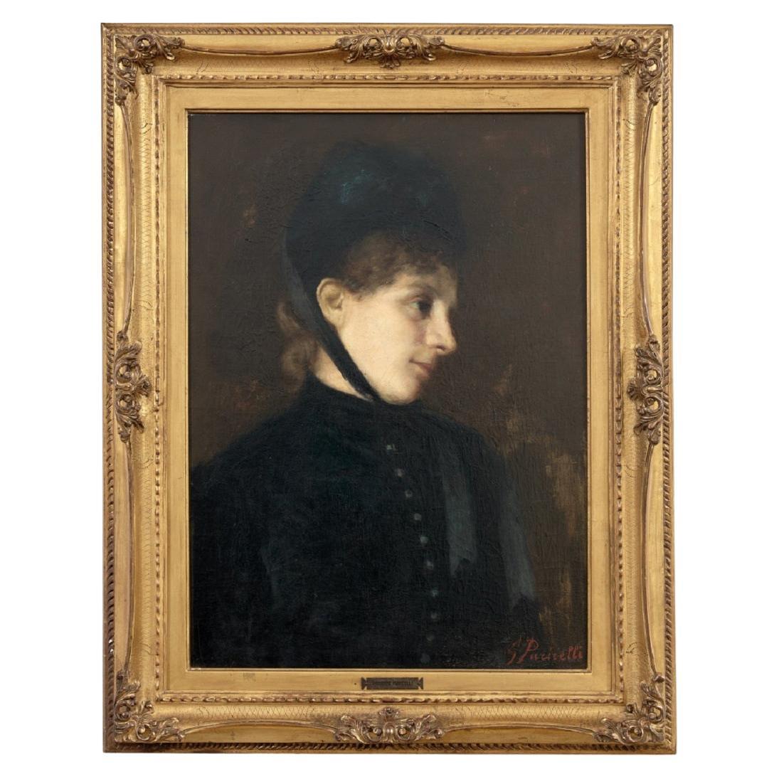 Pintura al óleo sobre lienzo del siglo XIX firmada G. Puricelli, Retrato de mujer joven