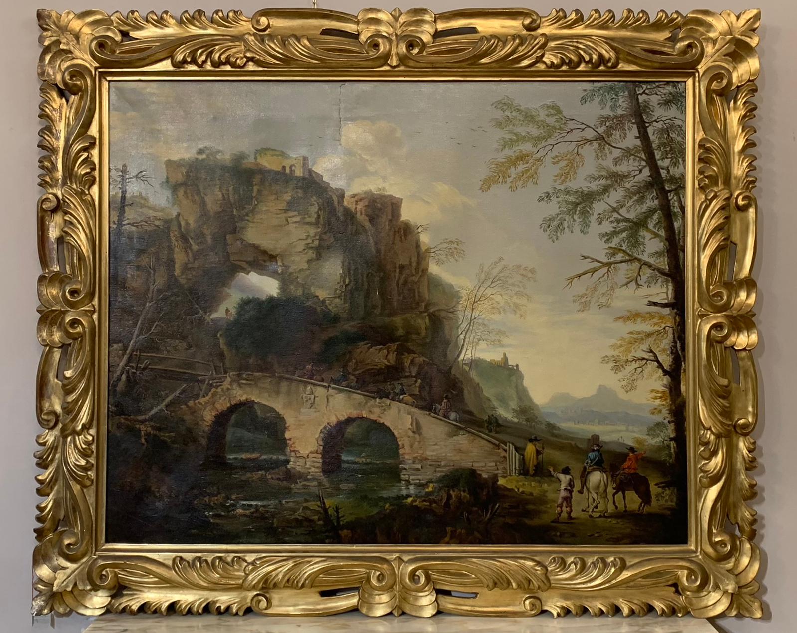 Beautiful oil painting on canvas, depicting travelers on horseback visiting the Tivoli Rock, passing over an ancient bridge that was destroyed and restored with a wooden substructure. The style of the painting takes up the subjects of the famous
