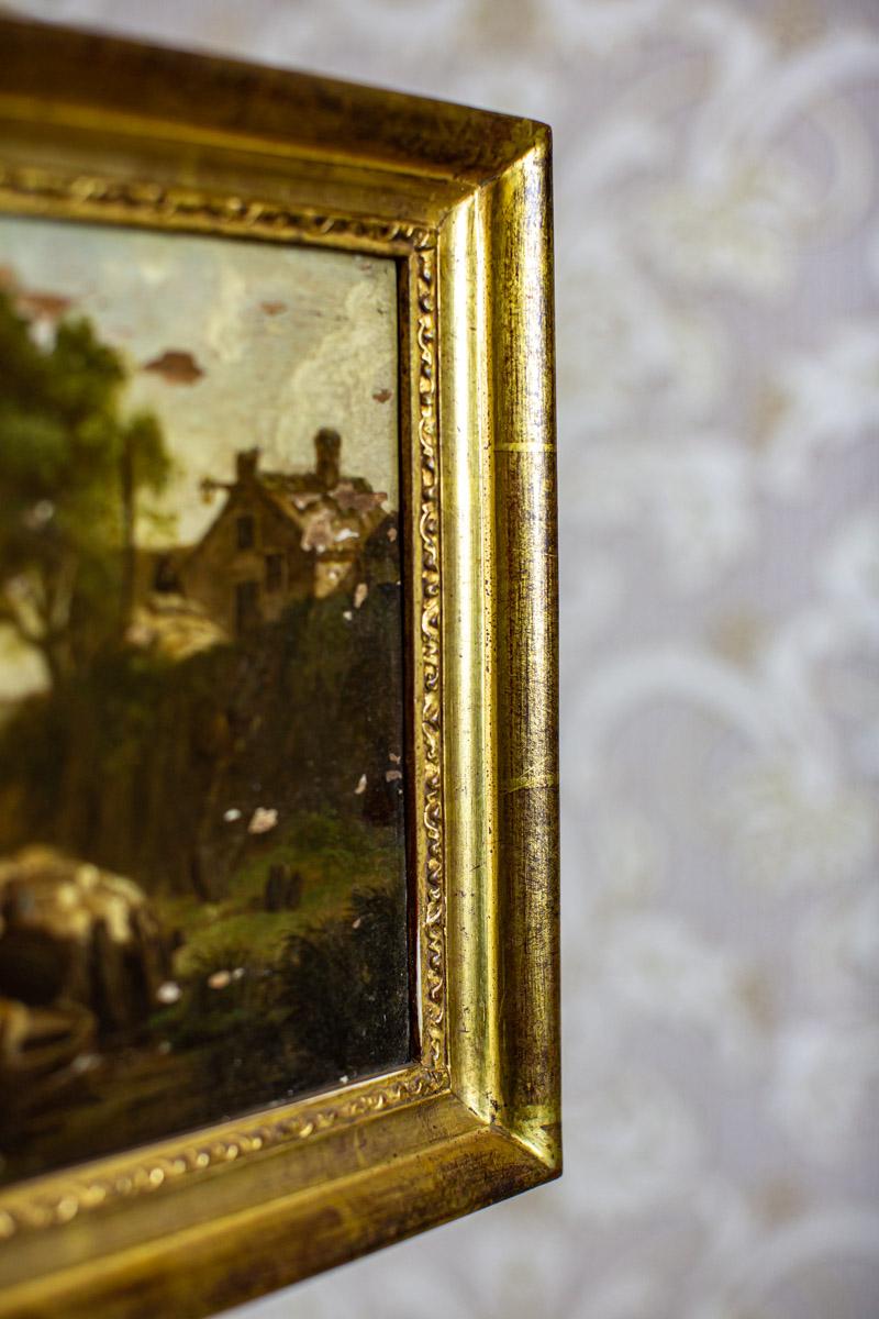 Europeo Dipinto a olio su cartone rigido incorniciato del XIX secolo raffigurante una scena di genere in vendita