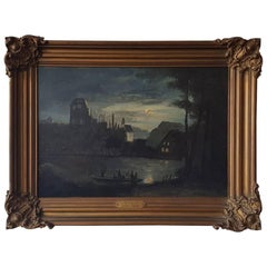 19th Century Oil Painting on Panel with People and a Ruin in Moonlight