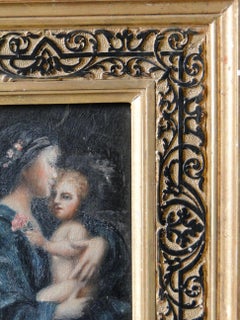 19th Century Oil Painting on Wood Panel Maria with Child with Gilded Frame