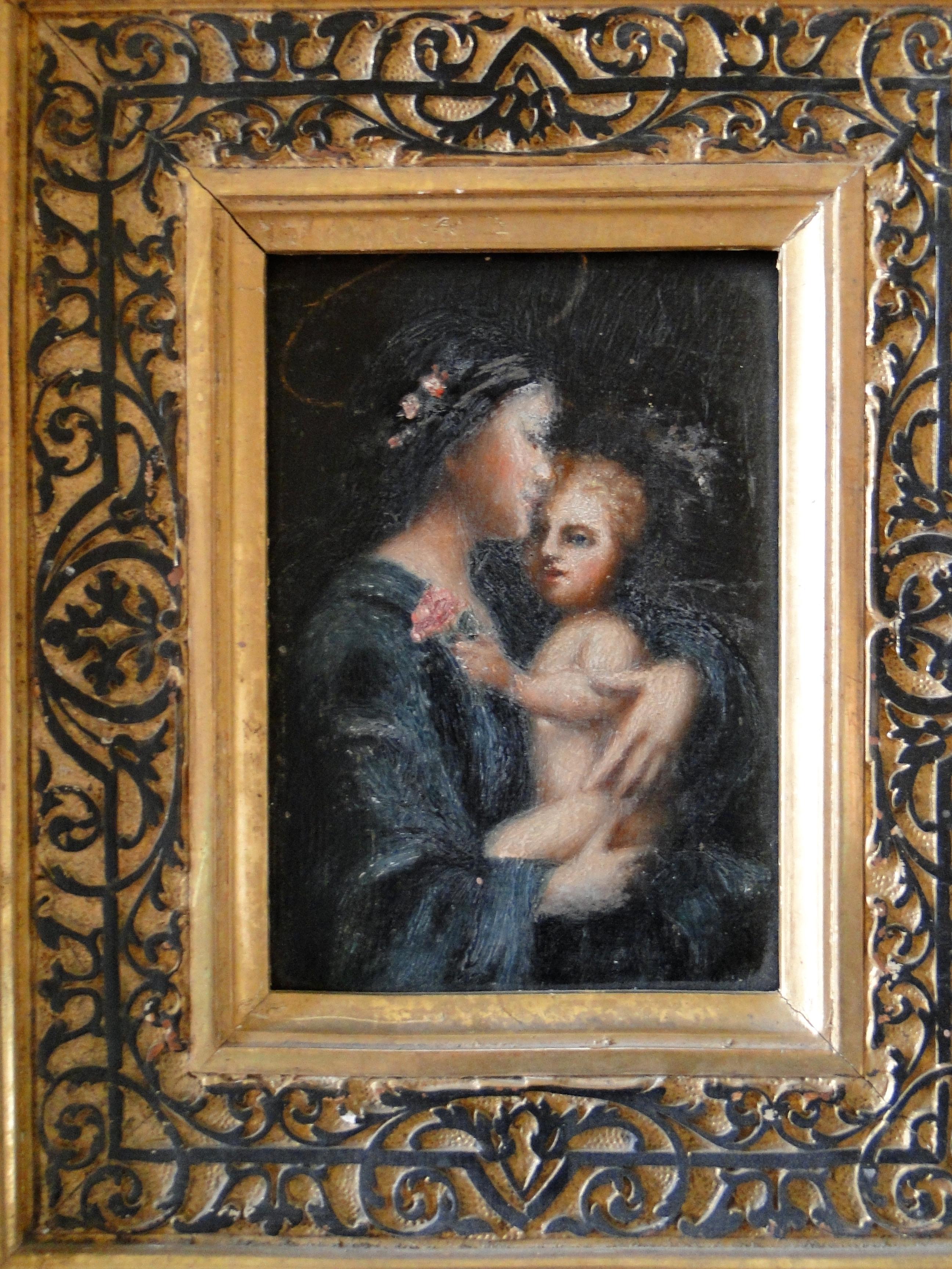 Gilt 19th Century Oil Painting on Wood Panel Maria with Child with Gilded Frame For Sale